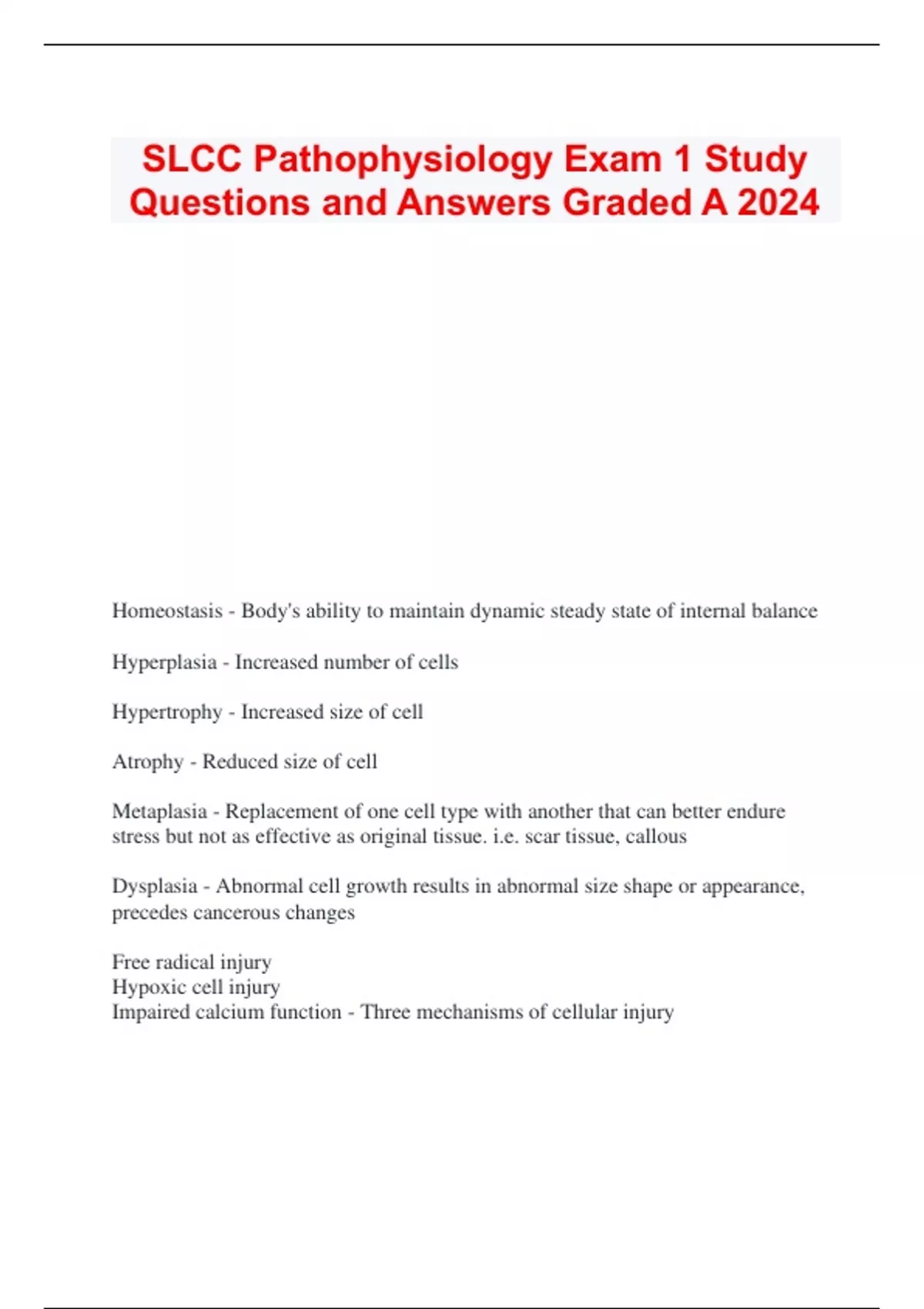 SLCC Pathophysiology Exam 1 Study Questions and Answers Graded A 2024 ...