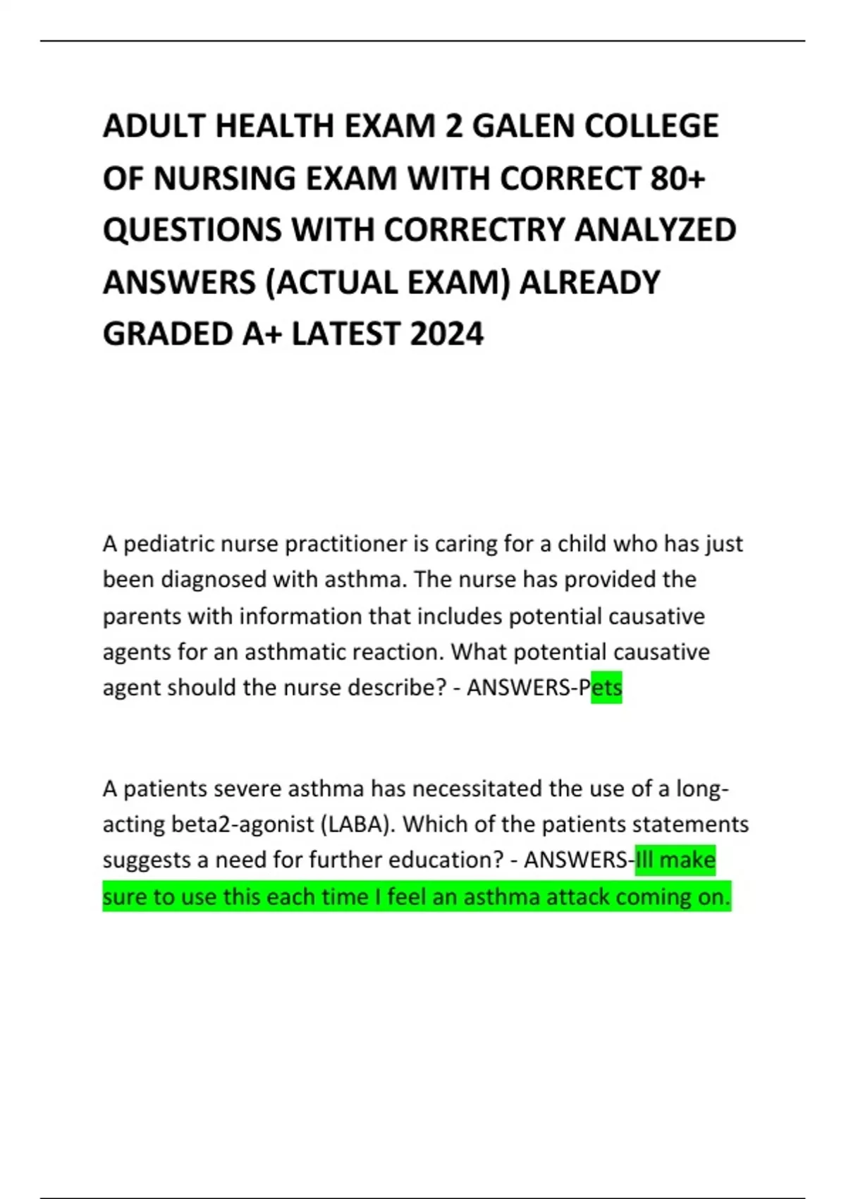ADULT HEALTH EXAM 2 GALEN COLLEGE OF NURSING EXAM WITH CORRECT 80 ...