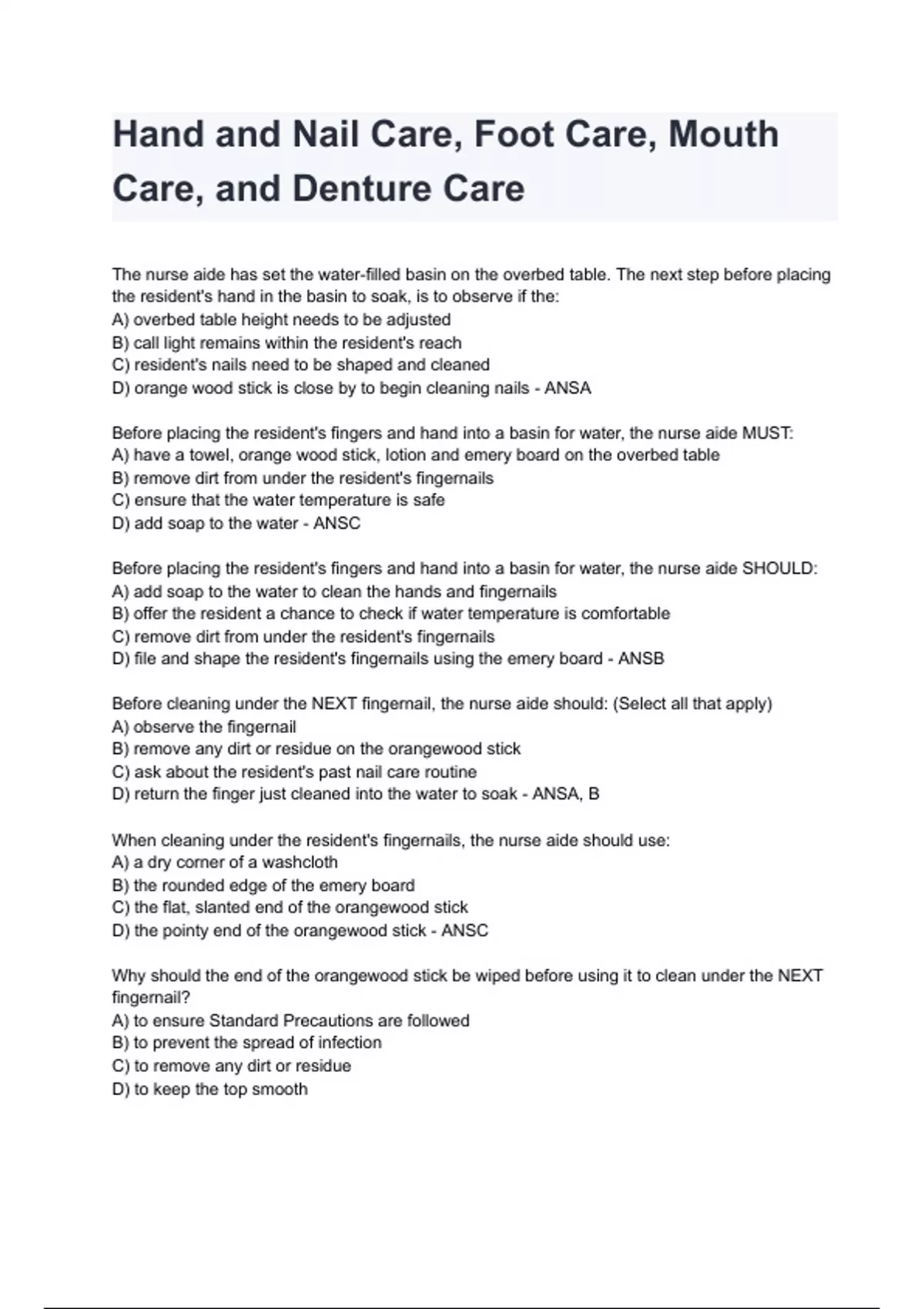 Hand and Nail Care, Foot Care, Mouth Care, and Denture Care questions