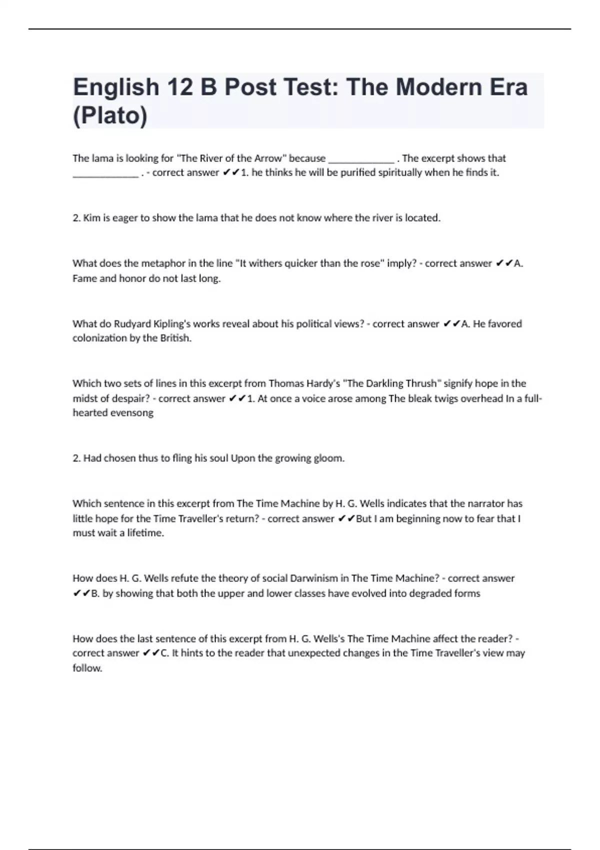 English 12 B Post Test: The Modern Era (Plato)well answered - Plato