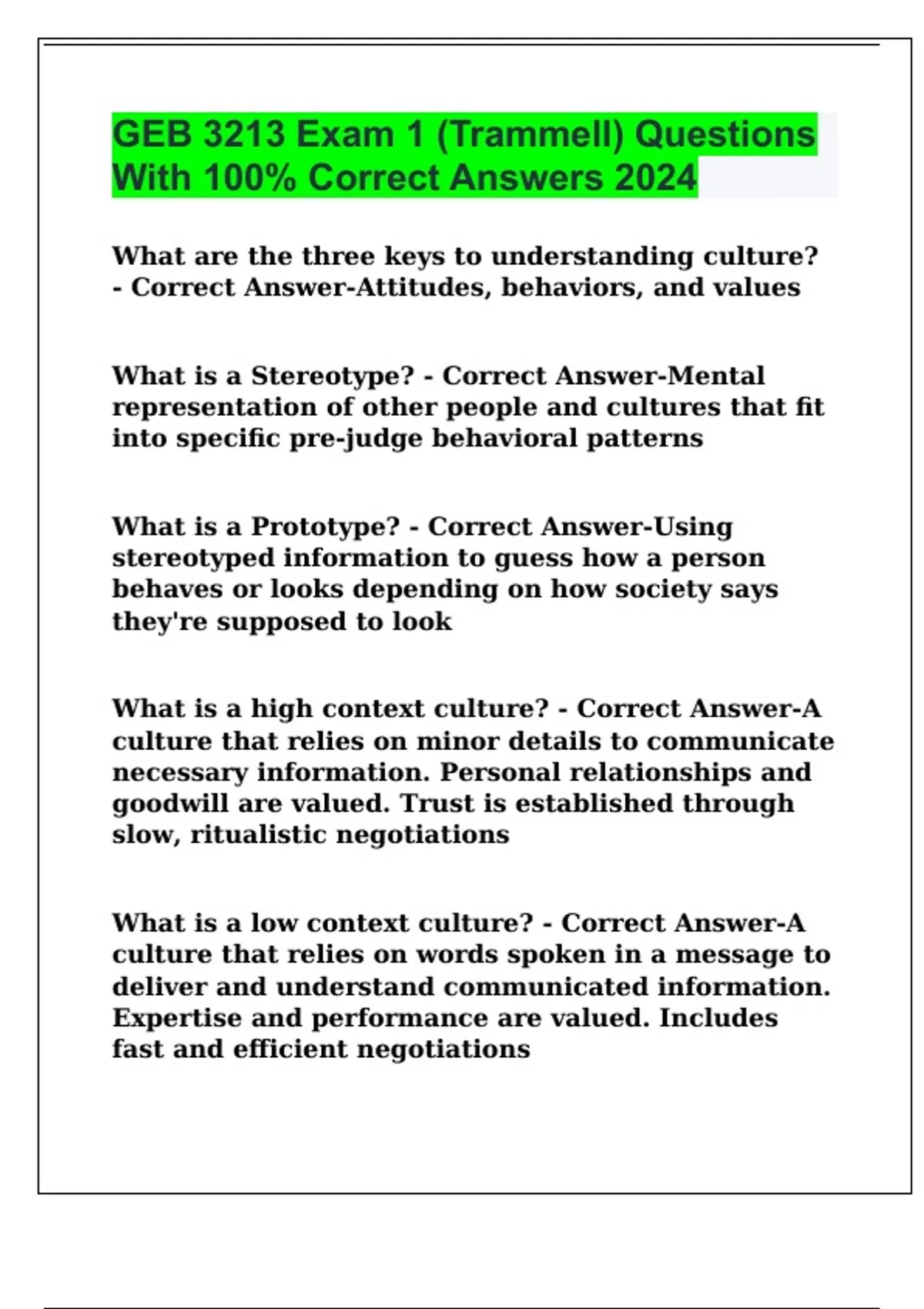 GEB 3213 Exam 1 (Trammell) Questions With 100% Correct Answers 2024 ...