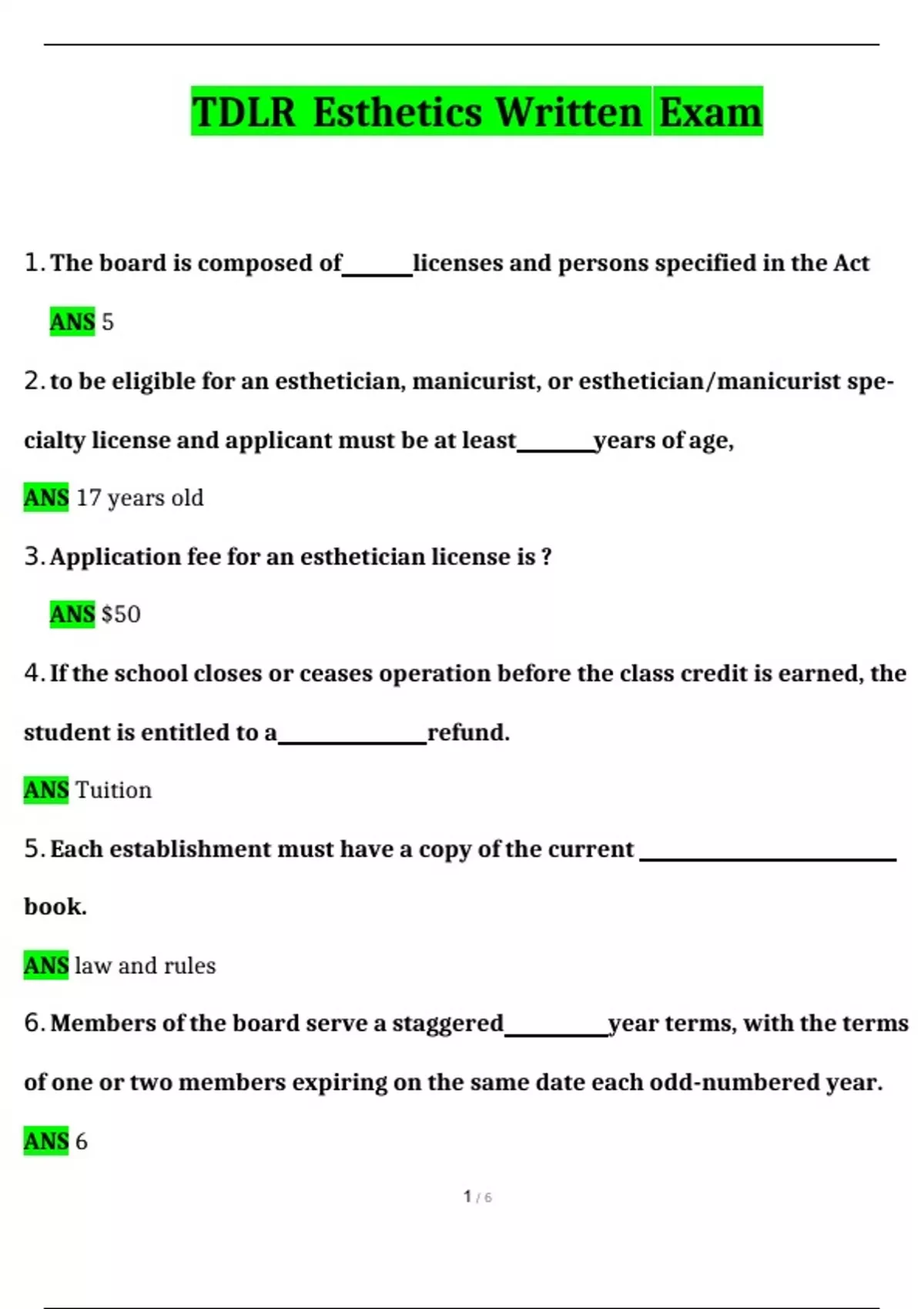 TDLR Esthetics Written Exam 2024 Questions and Answers Latest (2024 / 2025) (Verified Answers ...