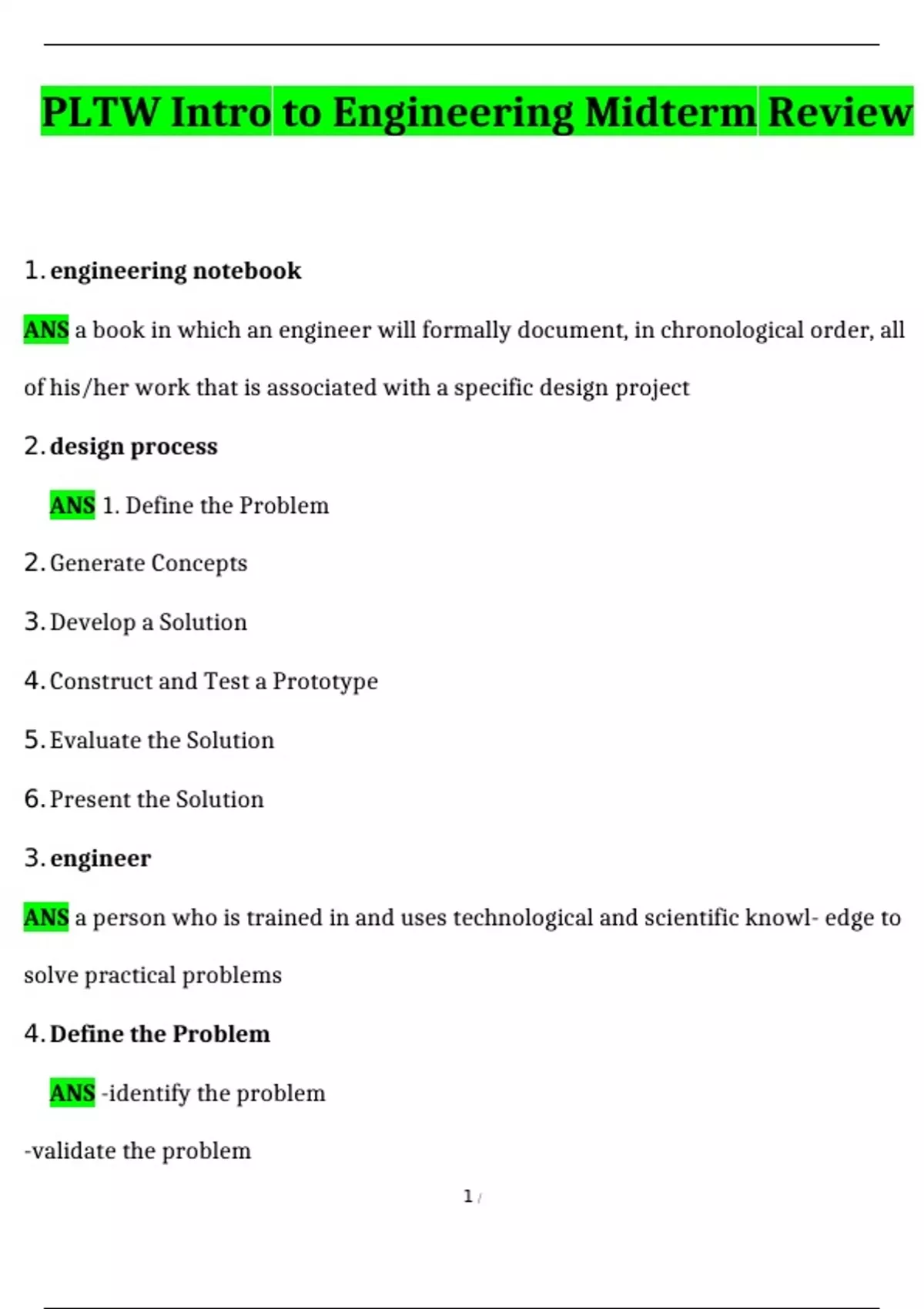 PLTW Intro to Engineering Midterm Review 2024 Questions and Answers ...