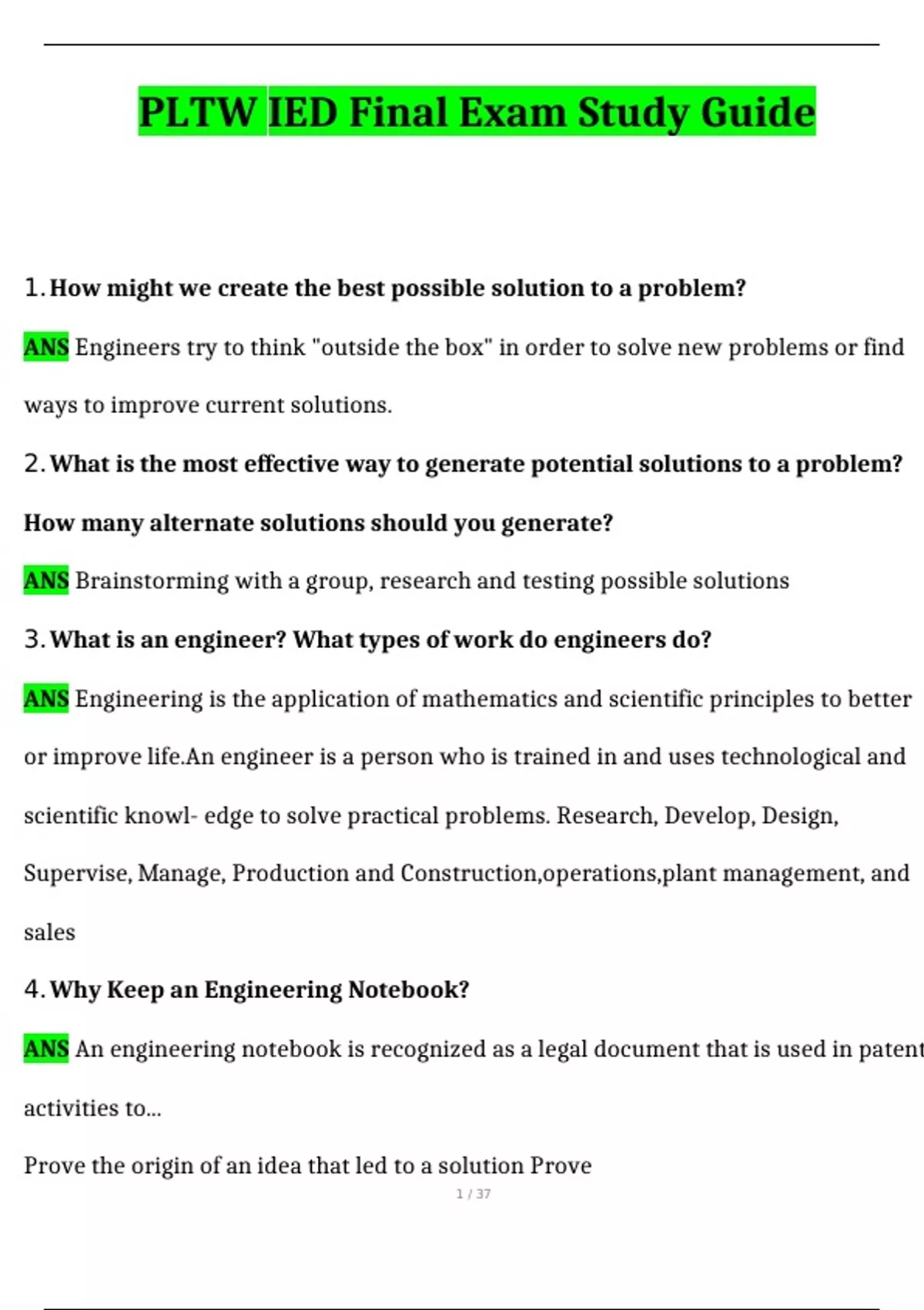 PLTW IED Final Exam Study Guide 2024 Questions and Answers Latest (2024 / 2025) (Verified ...