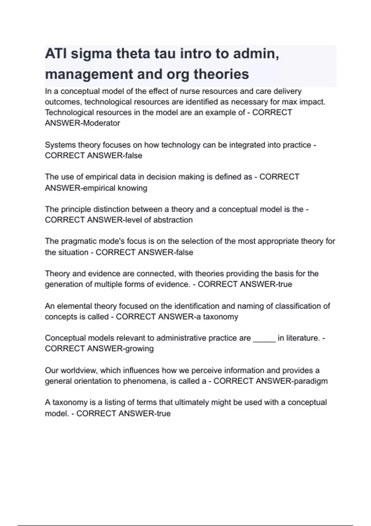 ATI sigma theta tau intro to admin, management and org theories all ...