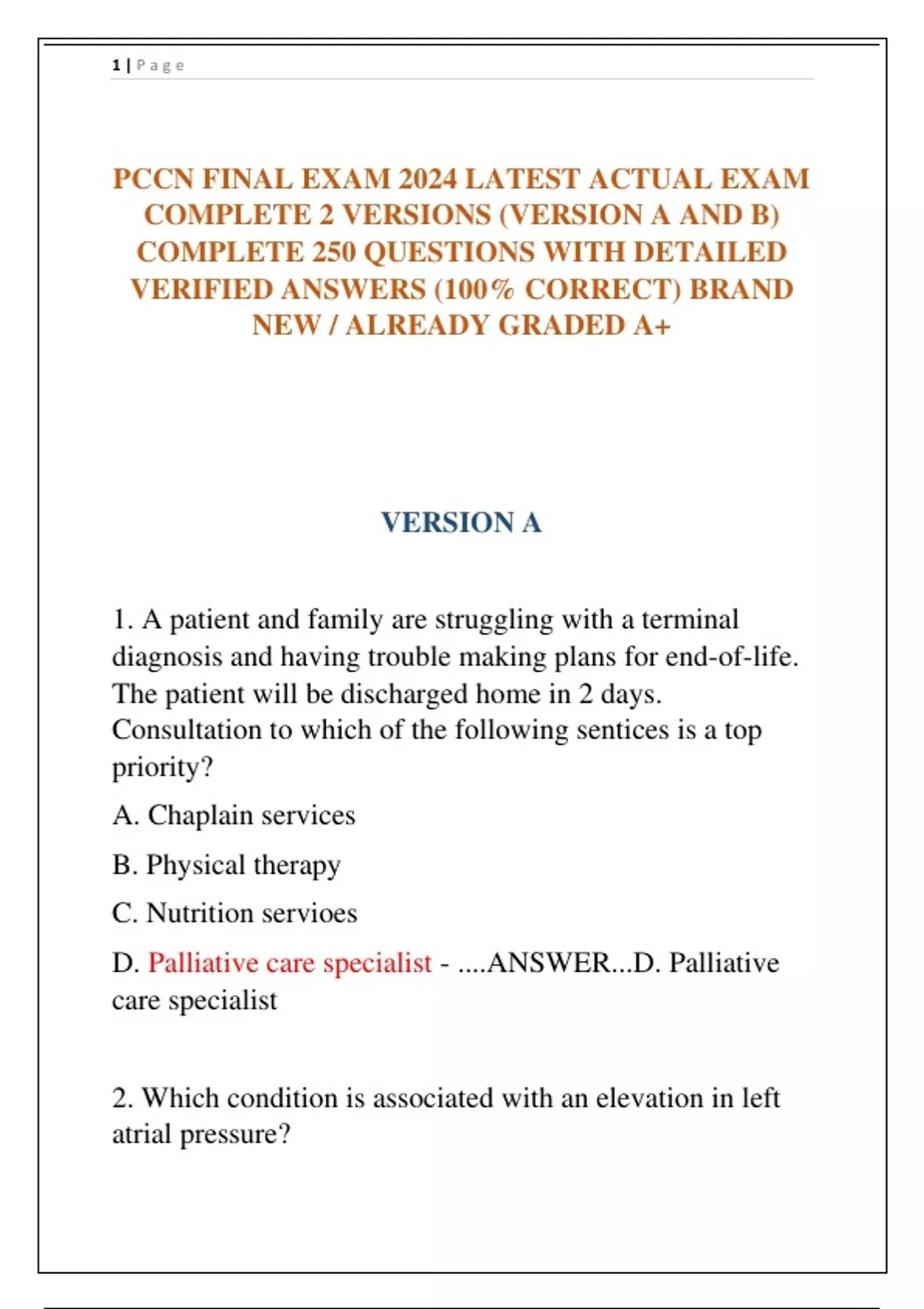 PCCN FINAL EXAM 2024 LATEST ACTUAL EXAM COMPLETE 2 VERSIONS (VERSION A ...