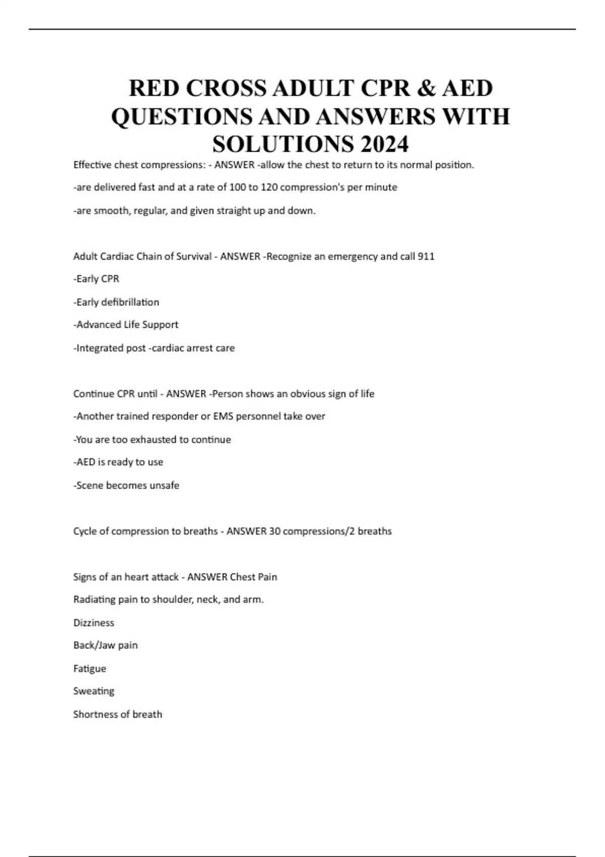 RED CROSS ADULT CPR & AED QUESTIONS AND ANSWERS WITH SOLUTIONS 2024 American red cross Stuvia US