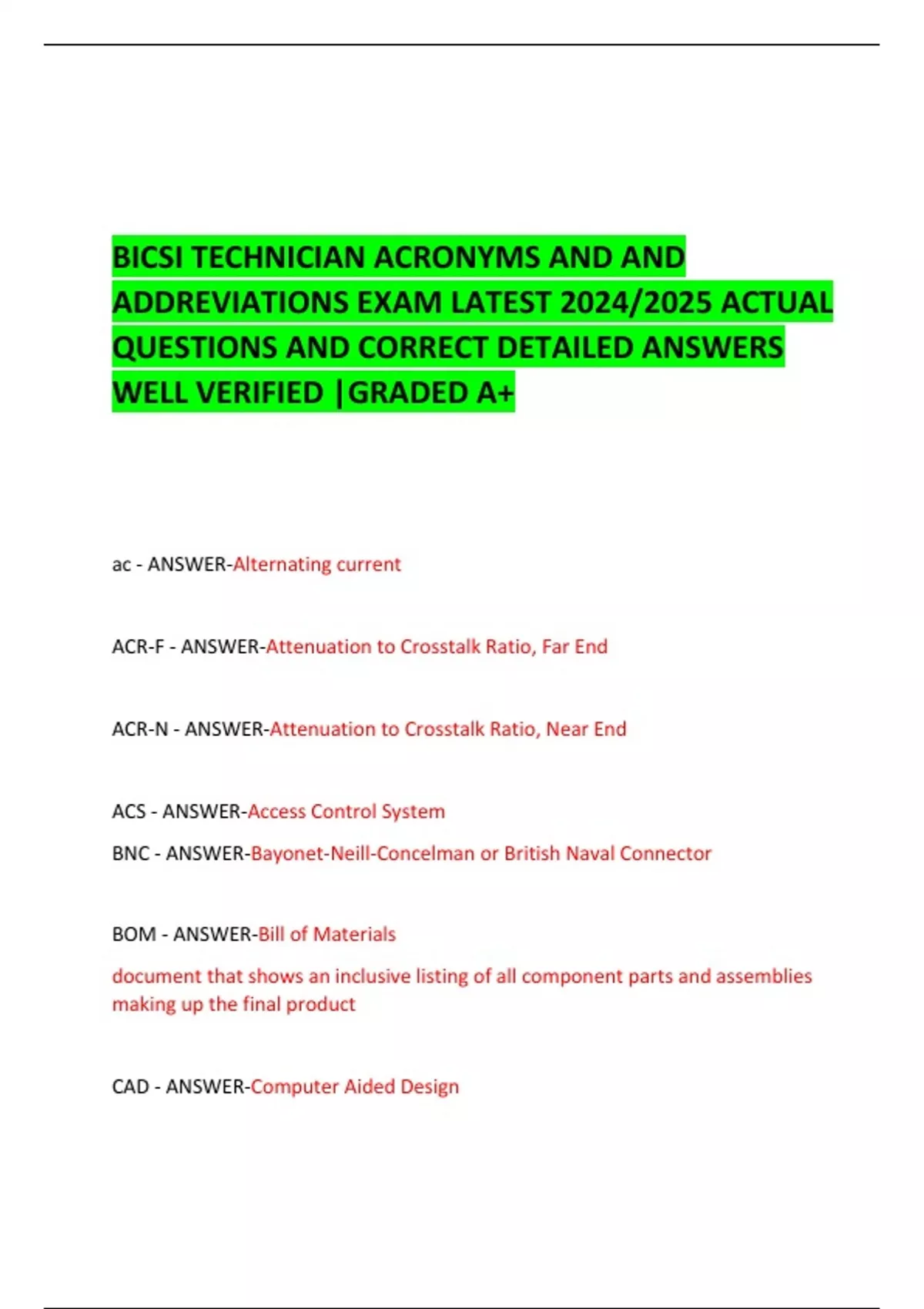 BICSI TECHNICIAN ACRONYMS AND AND ADDREVIATIONS EXAM LATEST 2024/2025 ...
