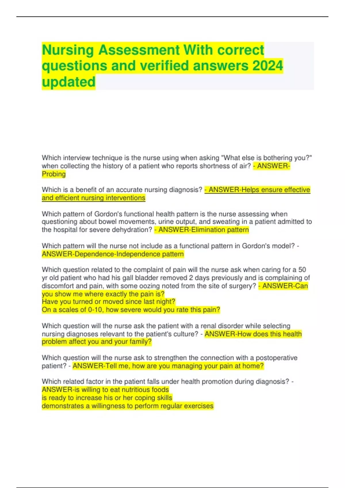 Nursing Assessment With correct questions and verified answers 2024 ...