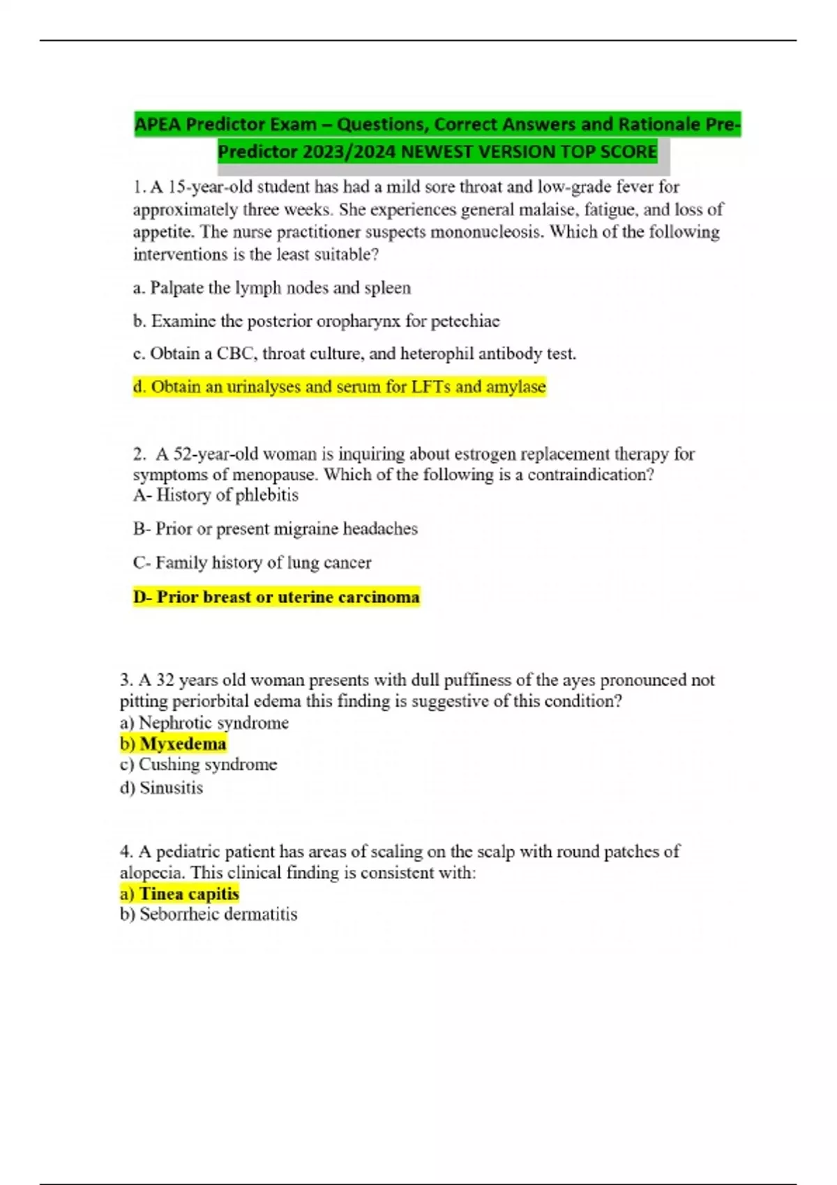 APEA Predictor Exam Questions and Answers with Rationale-Pre-Predictor ...