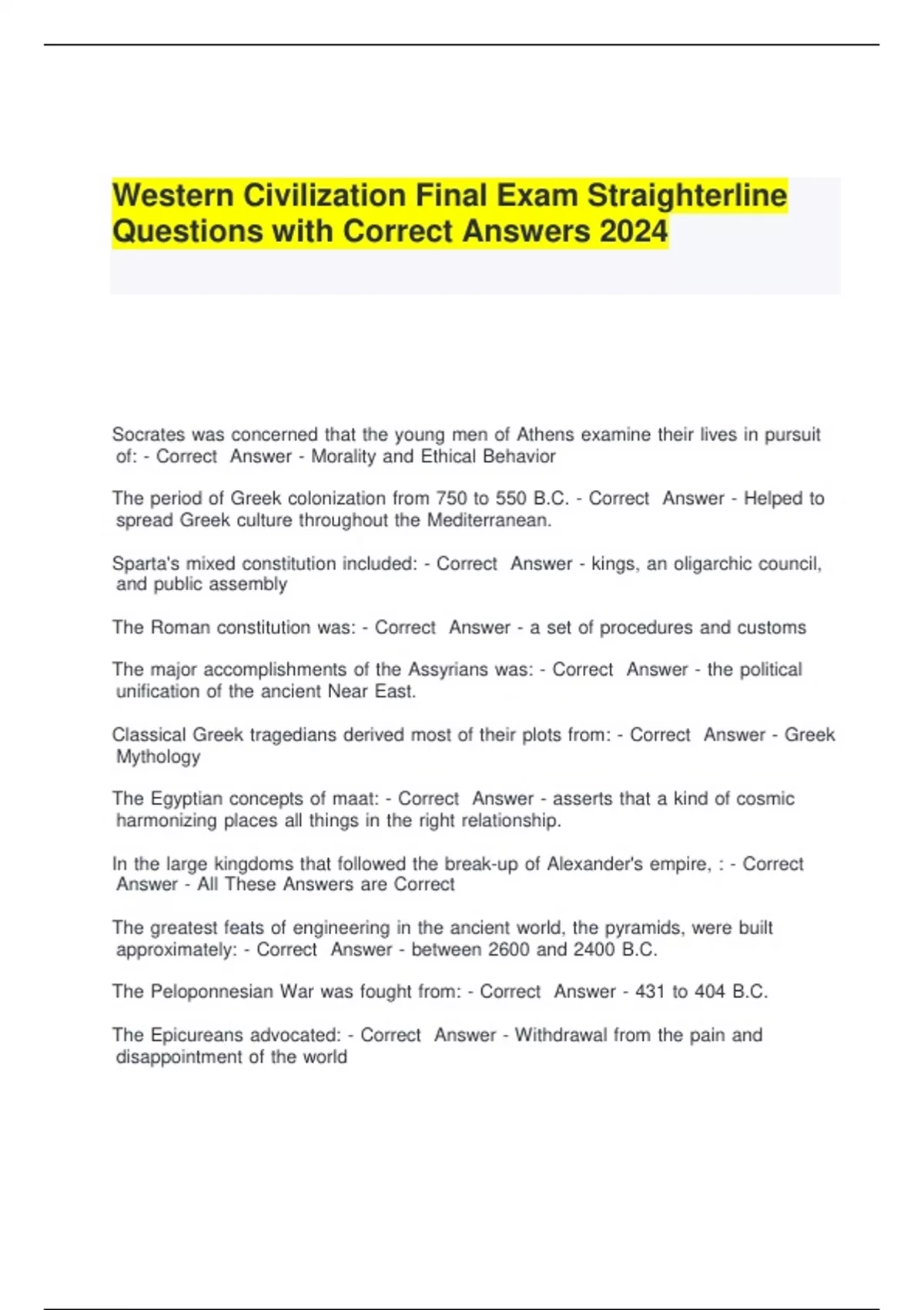 Western Civilization Final Exam Straighterline Questions with Correct ...