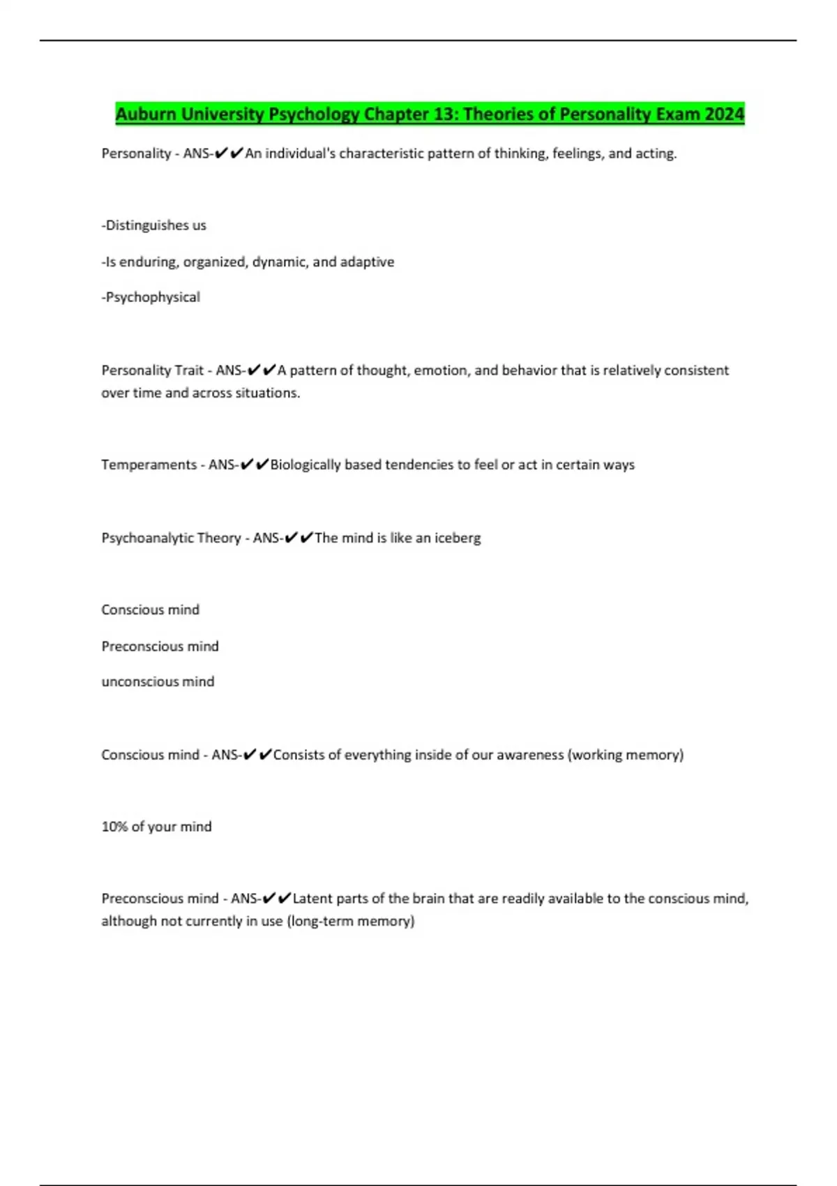 Auburn University Psychology Chapter 13: Theories of Personality Exam ...
