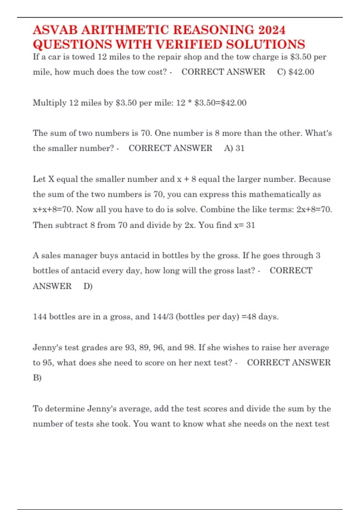 ASVAB ARITHMETIC REASONING 2024 QUESTIONS WITH VERIFIED SOLUTIONS ...