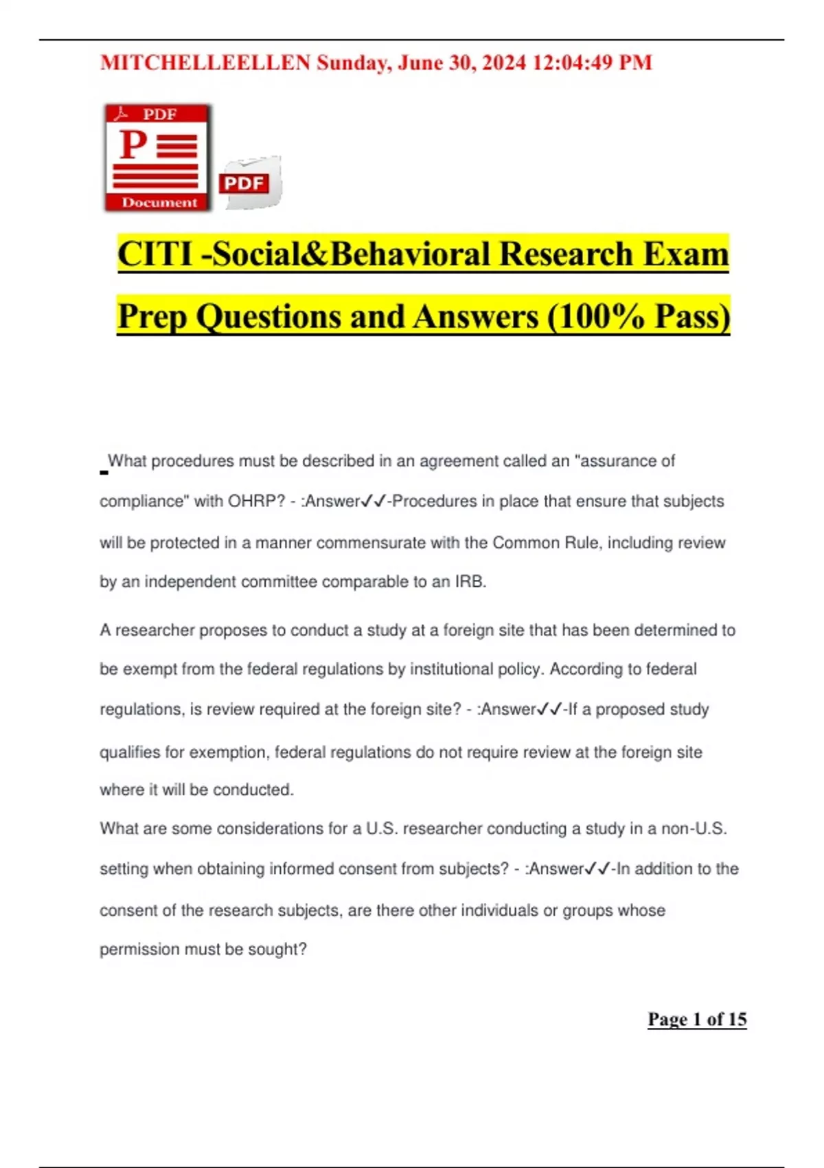 CITI -Social&Behavioral Research Exam Prep Questions and Answers (100%