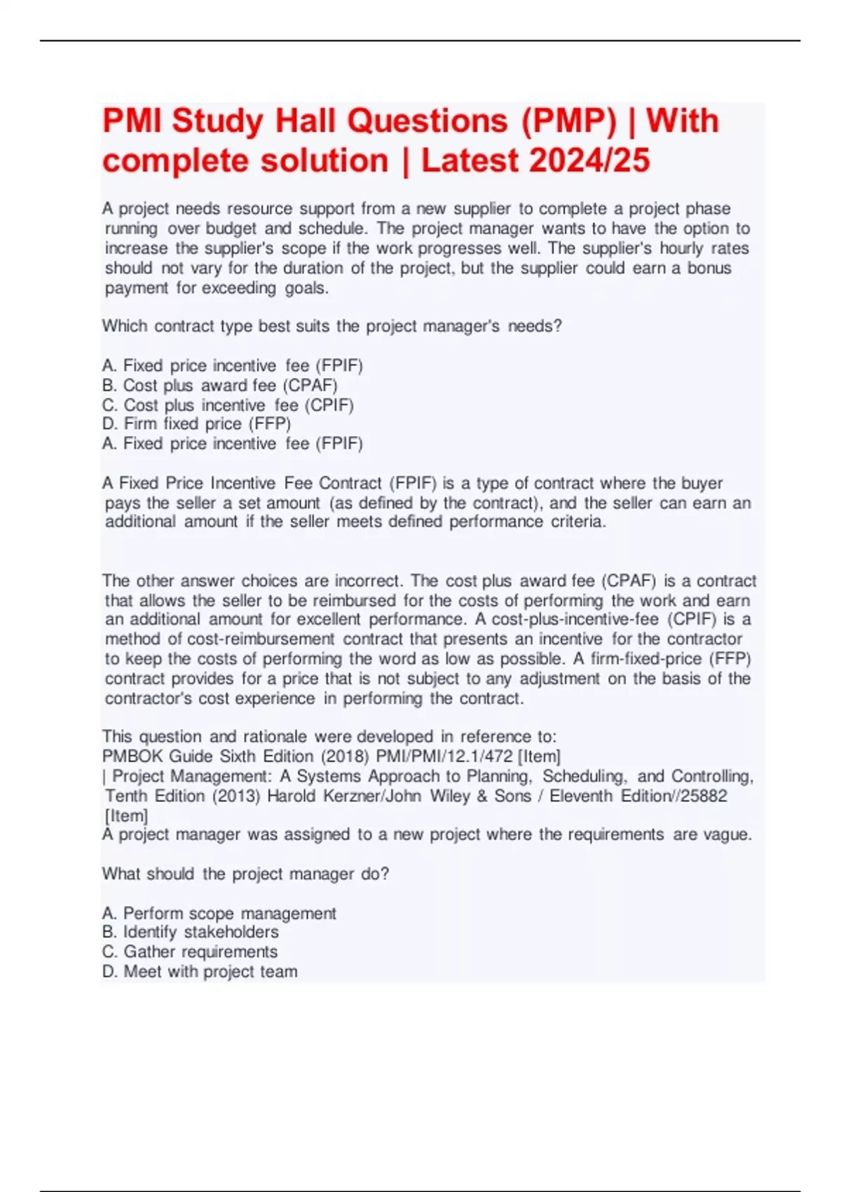Example Pmi Test Questions PMI Study Hall Questions (PMP) | With complete solution | Latest 2024/ ...