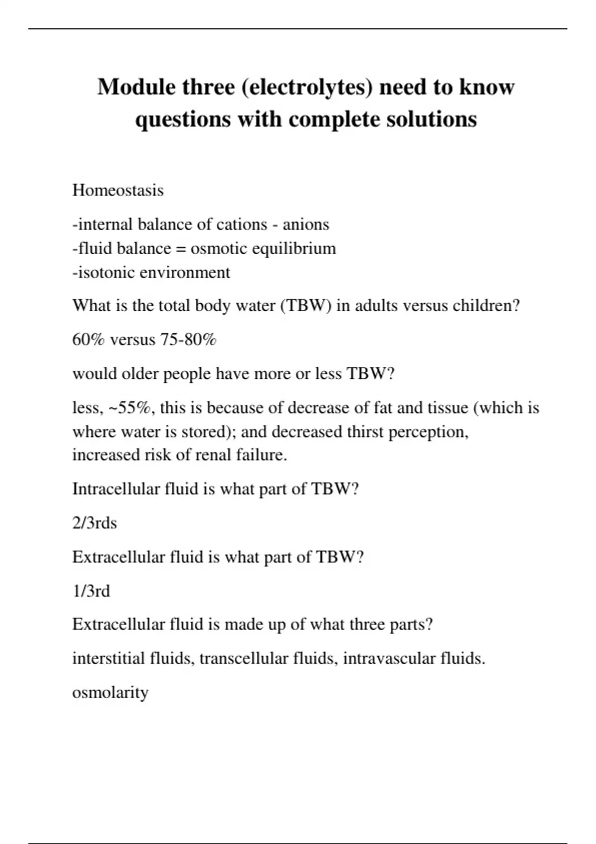 Module three (electrolytes) need to know questions with complete ...