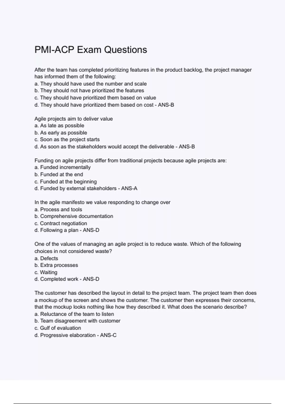 PMI-ACP Exam Questions (ANSWERS) 2024 - DISTINCTION GUARANTEED ...