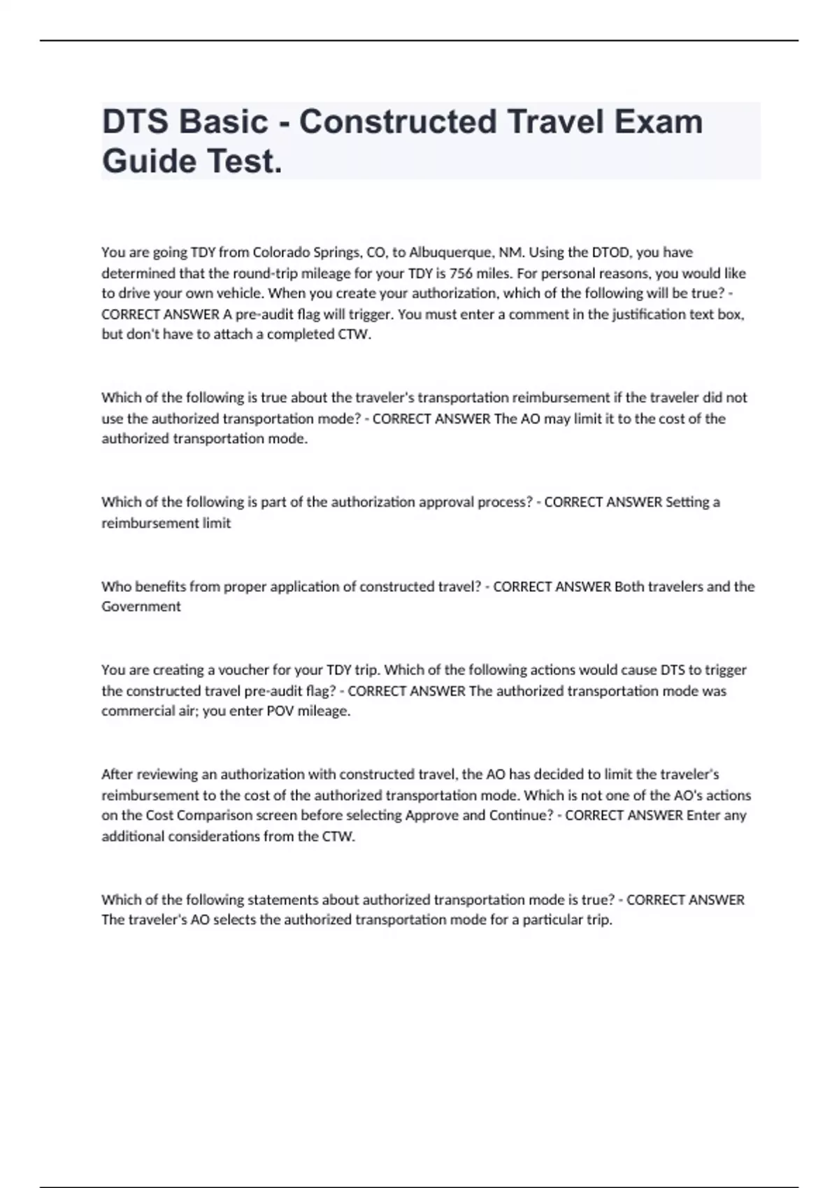 Test Dts DTS Basic - Constructed Travel Exam Guide Test. - DTS - Stuvia US