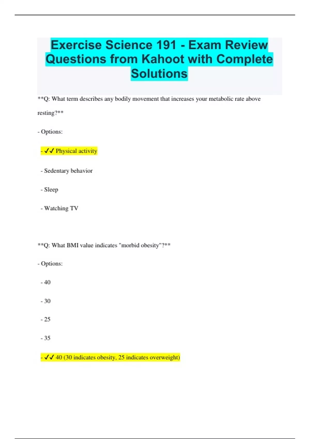 Exercise Science 191 - Exam Review Questions from Kahoot with Complete ...