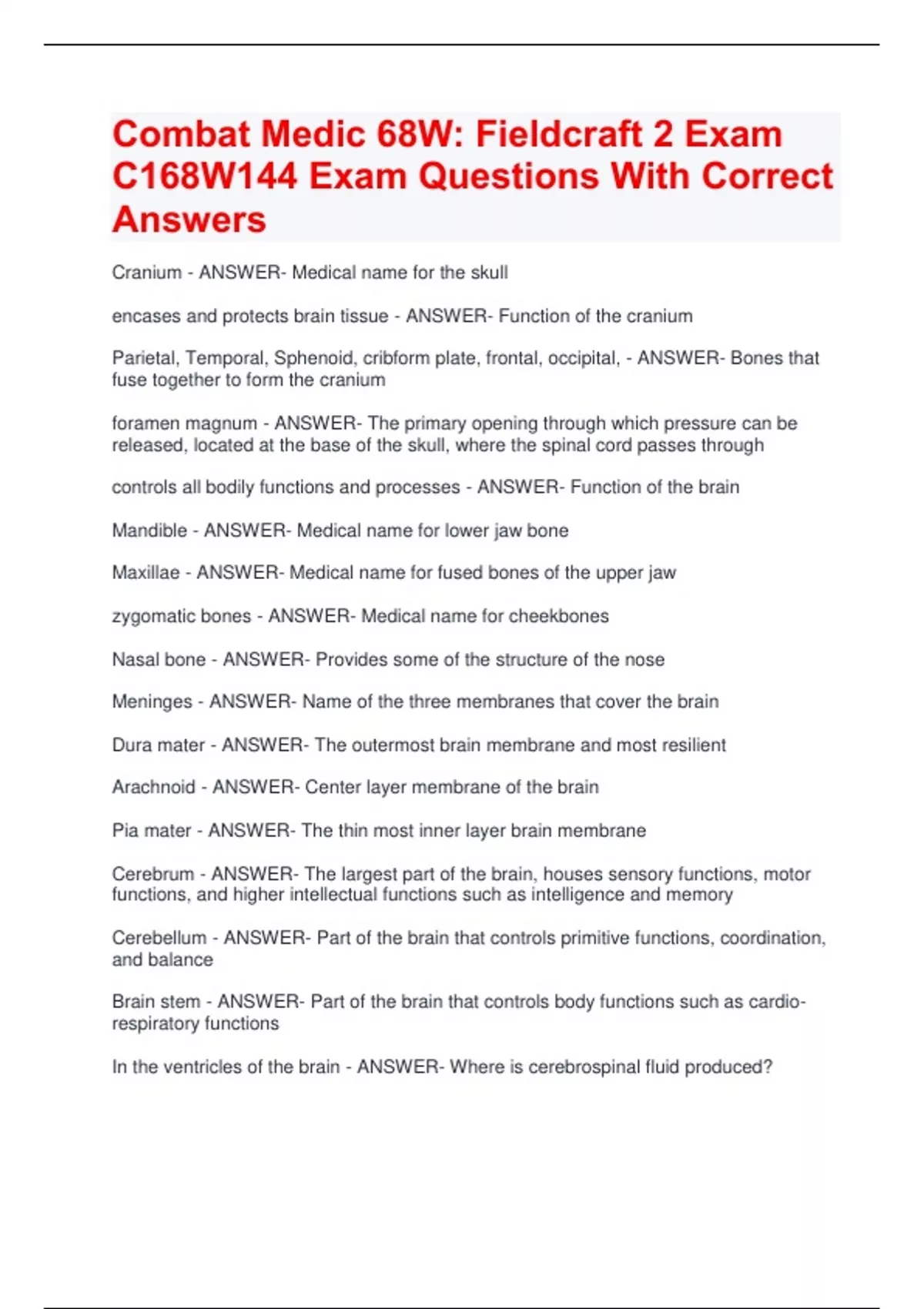 Combat Medic 68W: Fieldcraft 2 Exam C168W144 Exam Questions With ...