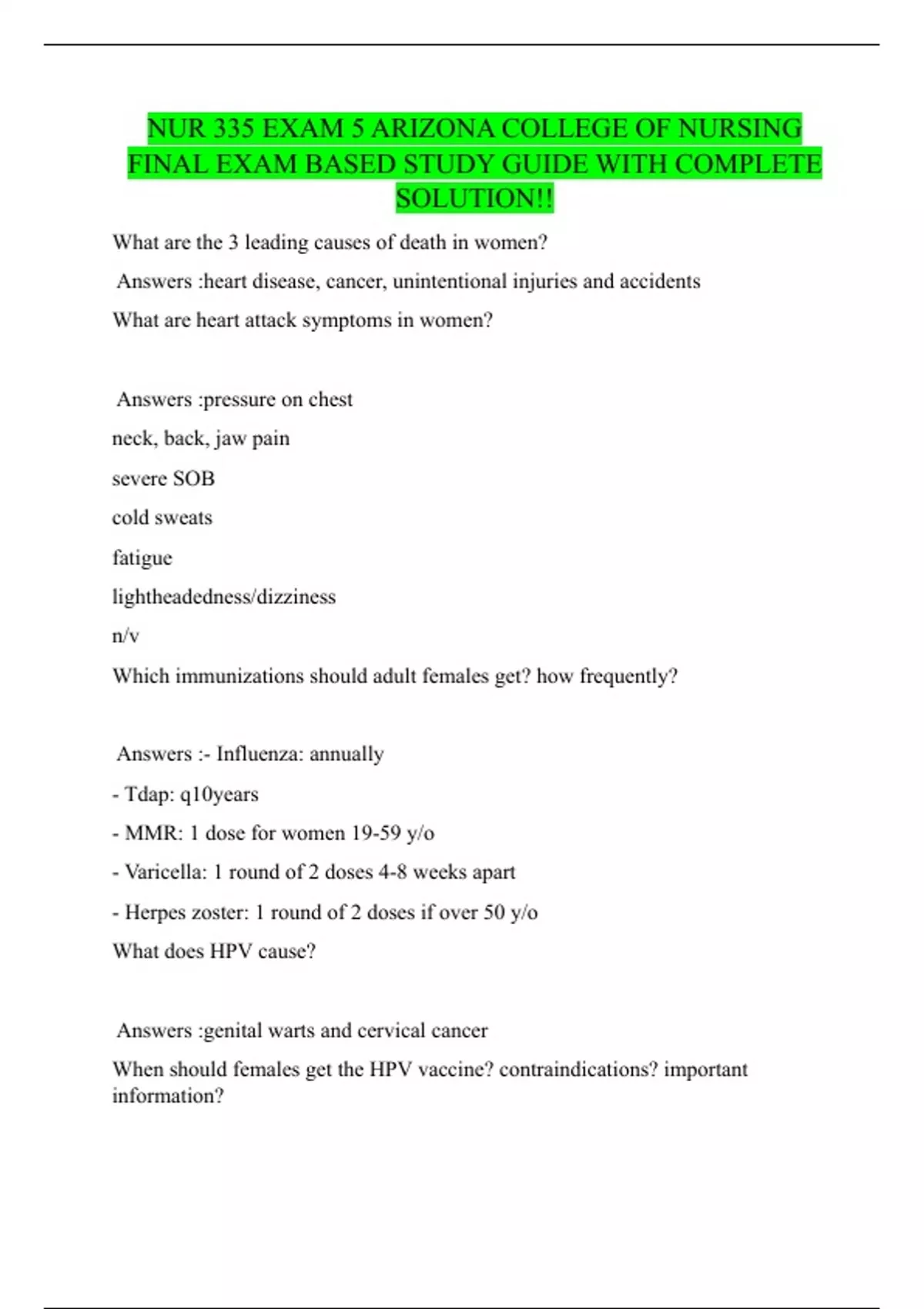 NUR 335 EXAM 5 ARIZONA COLLEGE OF NURSING FINAL EXAM BASED STUDY GUIDE ...