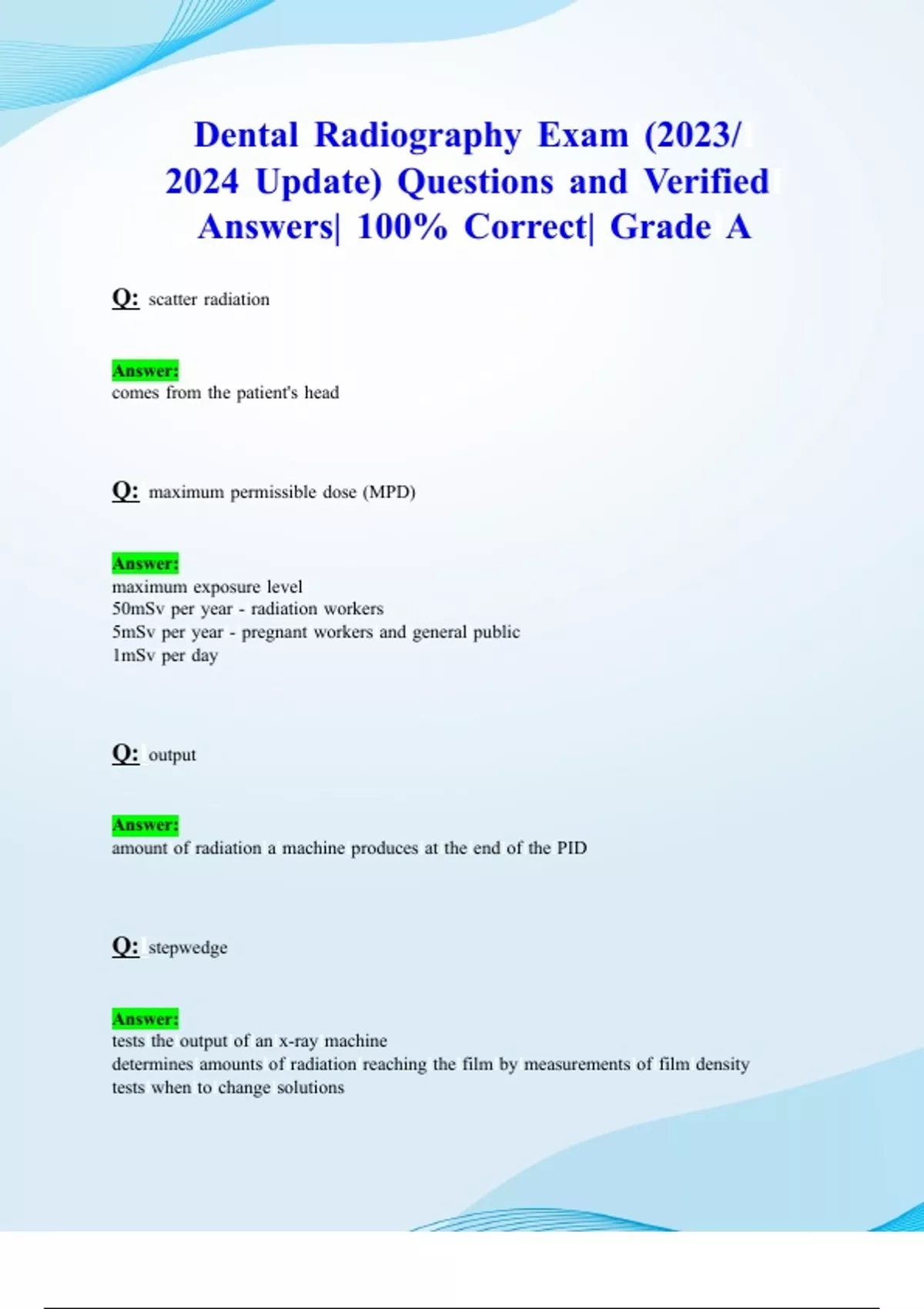 Dental Radiography Exam (2023/ 2024 Update) Questions and Verified