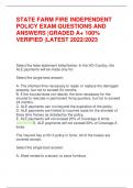 STATE FARM FIRE INDEPENDENT  POLICY EXAM QUESTIONS AND  ANSWERS &vert;GRADED A&plus; 100&percnt;  VERIFIED &vert;LATEST 2022&sol;2023