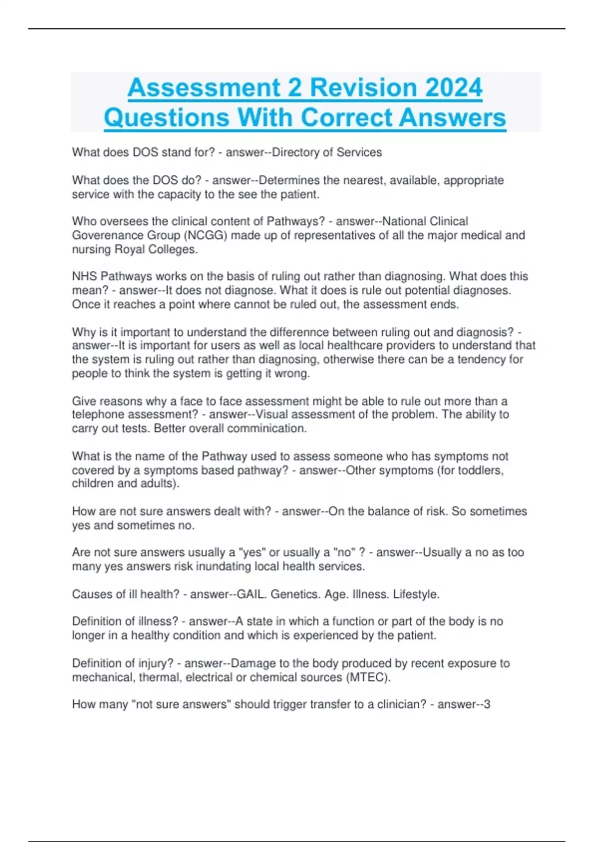 Assessment 2 Revision 2024 Questions With Correct Answers - NHS - Stuvia US