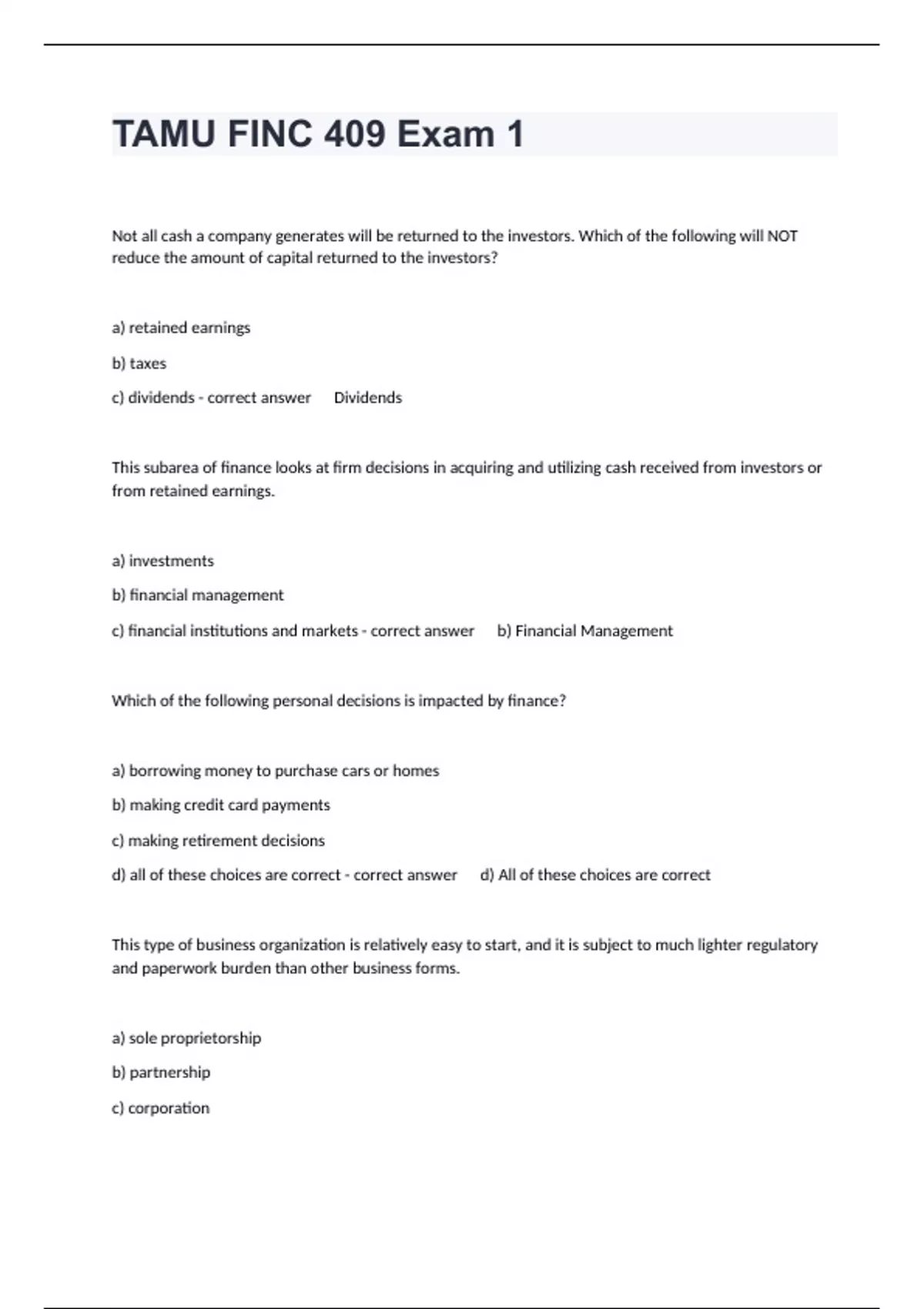 TAMU FINC 409 Exam 1 Practice Questions And 100% Verified Answers ...