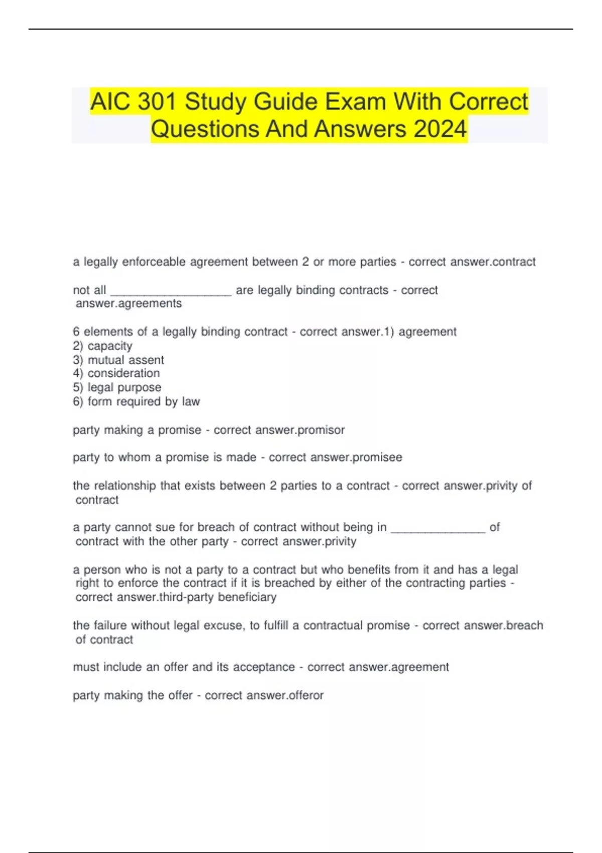 AIC 301 Study Guide Exam With Correct Questions And Answers 2024 - AIC ...