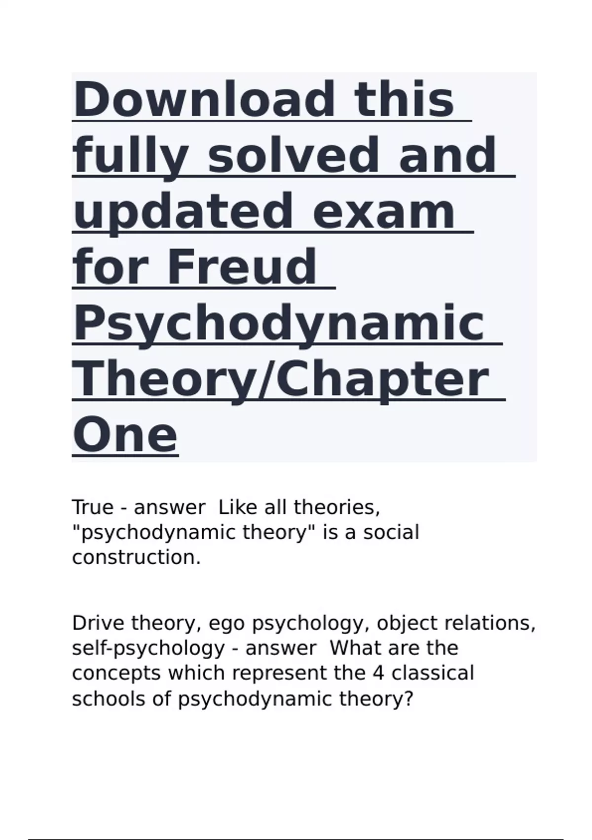 Download this fully solved and updated exam for Freud Psychodynamic ...
