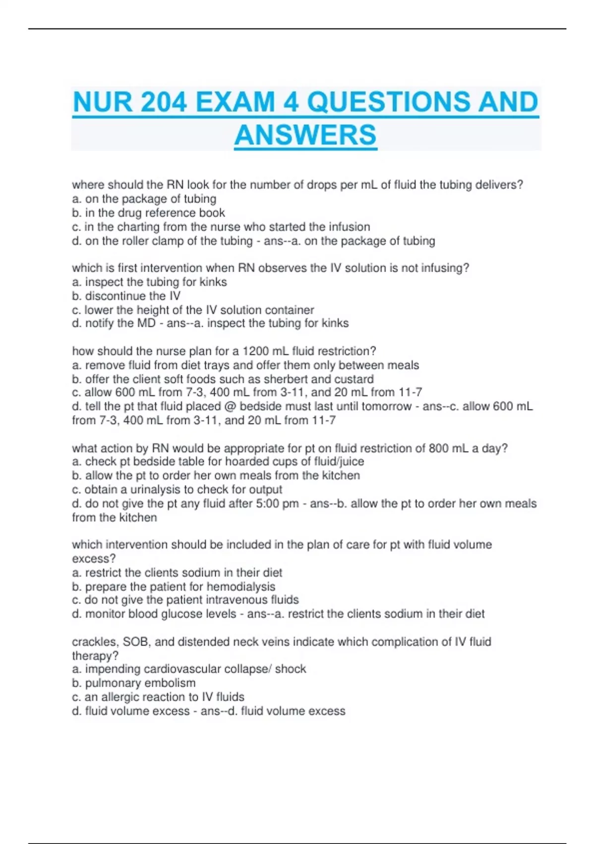 NUR 204 EXAM 4 QUESTIONS AND ANSWERS - NUR 204 - Stuvia US