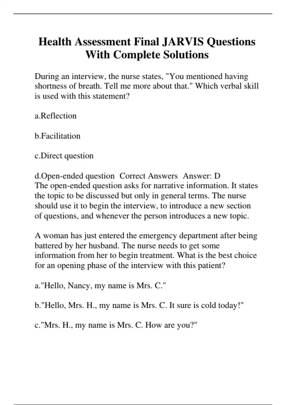 Health Assessment Final JARVIS Questions With Complete Solutions ...