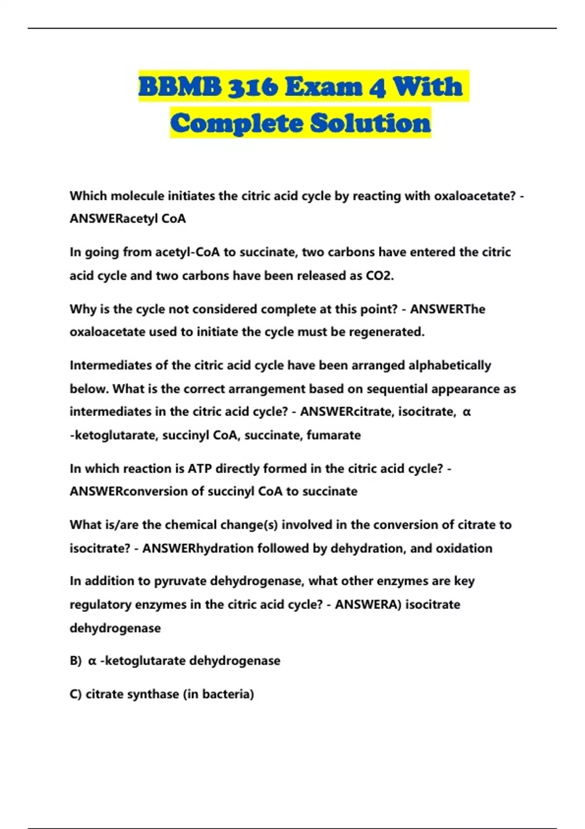 BBMB 316 Exam 4 With Complete Solution - BBMB 316 - Stuvia US