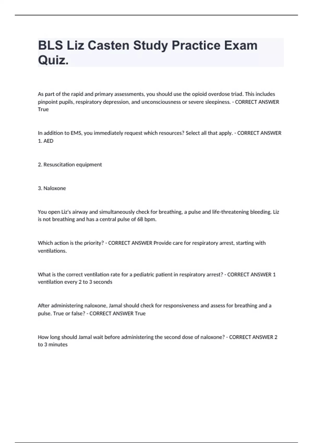 BLS Liz Casten Study Practice Exam Quiz. - Bls - Stuvia US