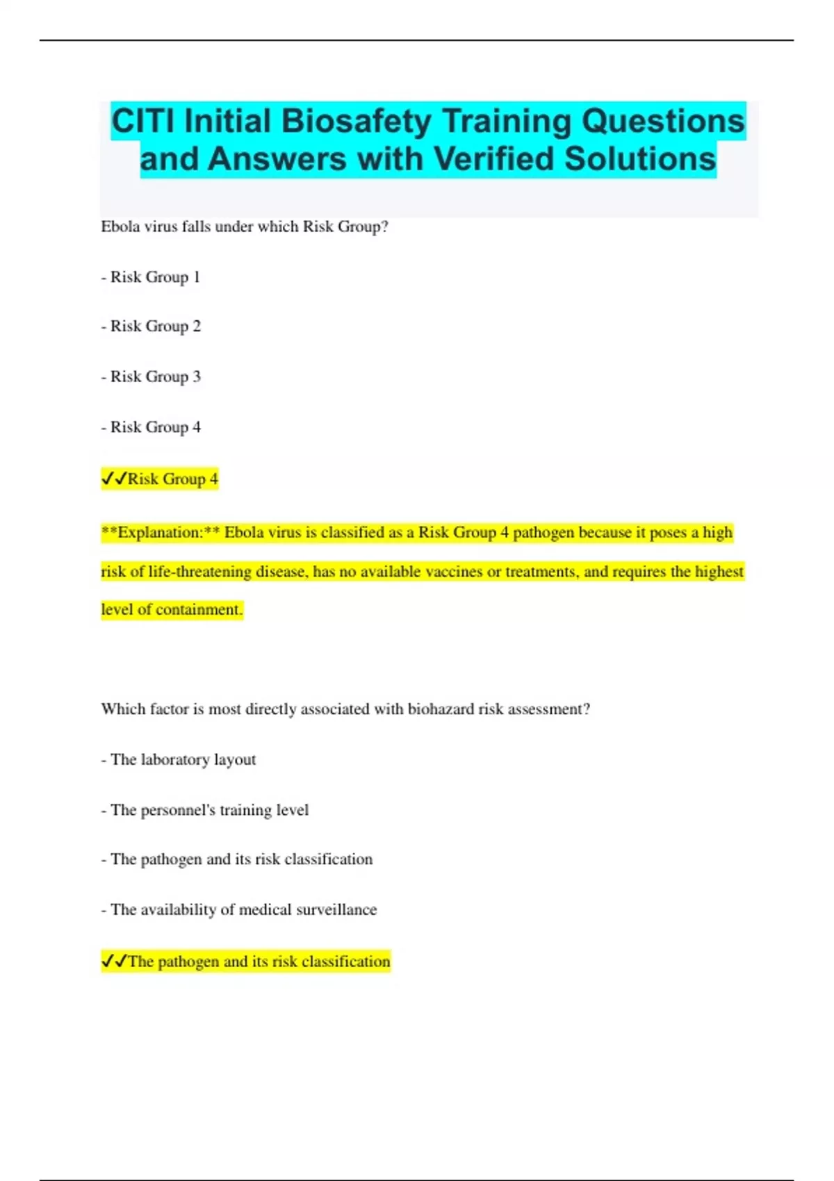 CITI Initial Biosafety Training Questions and Answers with Verified ...