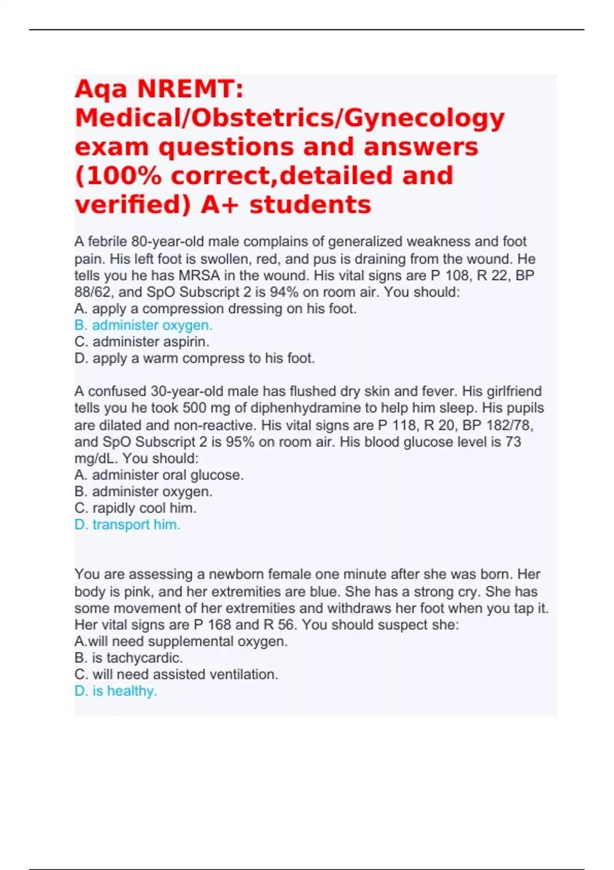 Aqa Nremt Medical Obstetrics Gynecology Exam Questions And Answers