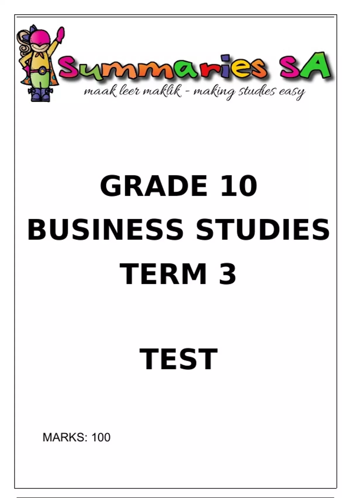 Grade 10 Business Studies BS September Paper And Memo 2024 