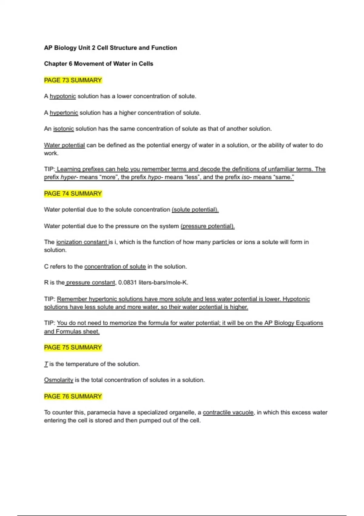 Summary AP Biology Unit 2 Cell Structure and Function Chapter 6 ...