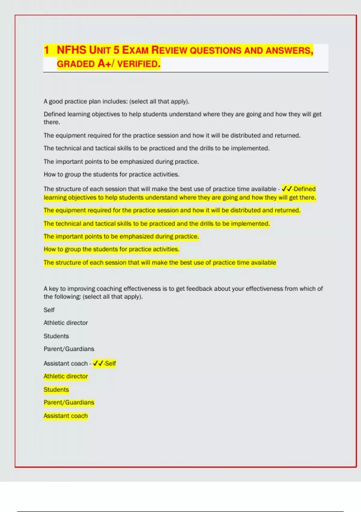 NFHS UNIT 5 EXAM REVIEW QUESTIONS AND ANSWERS, GRADED A+/ VERIFIED.[LATEST EXAM UPDATES] - NFHS ...
