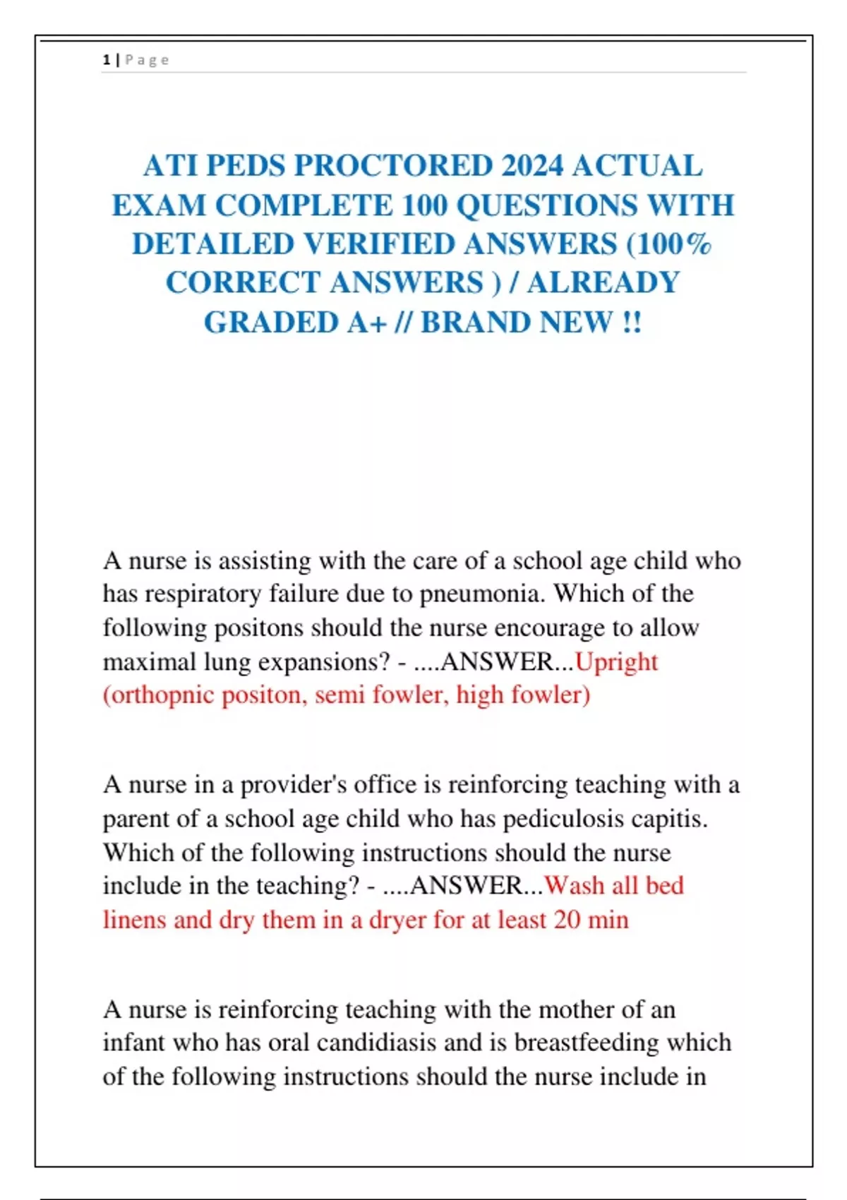 ATI PEDS PROCTORED 2024 ACTUAL EXAM COMPLETE 100 QUESTIONS WITH ...