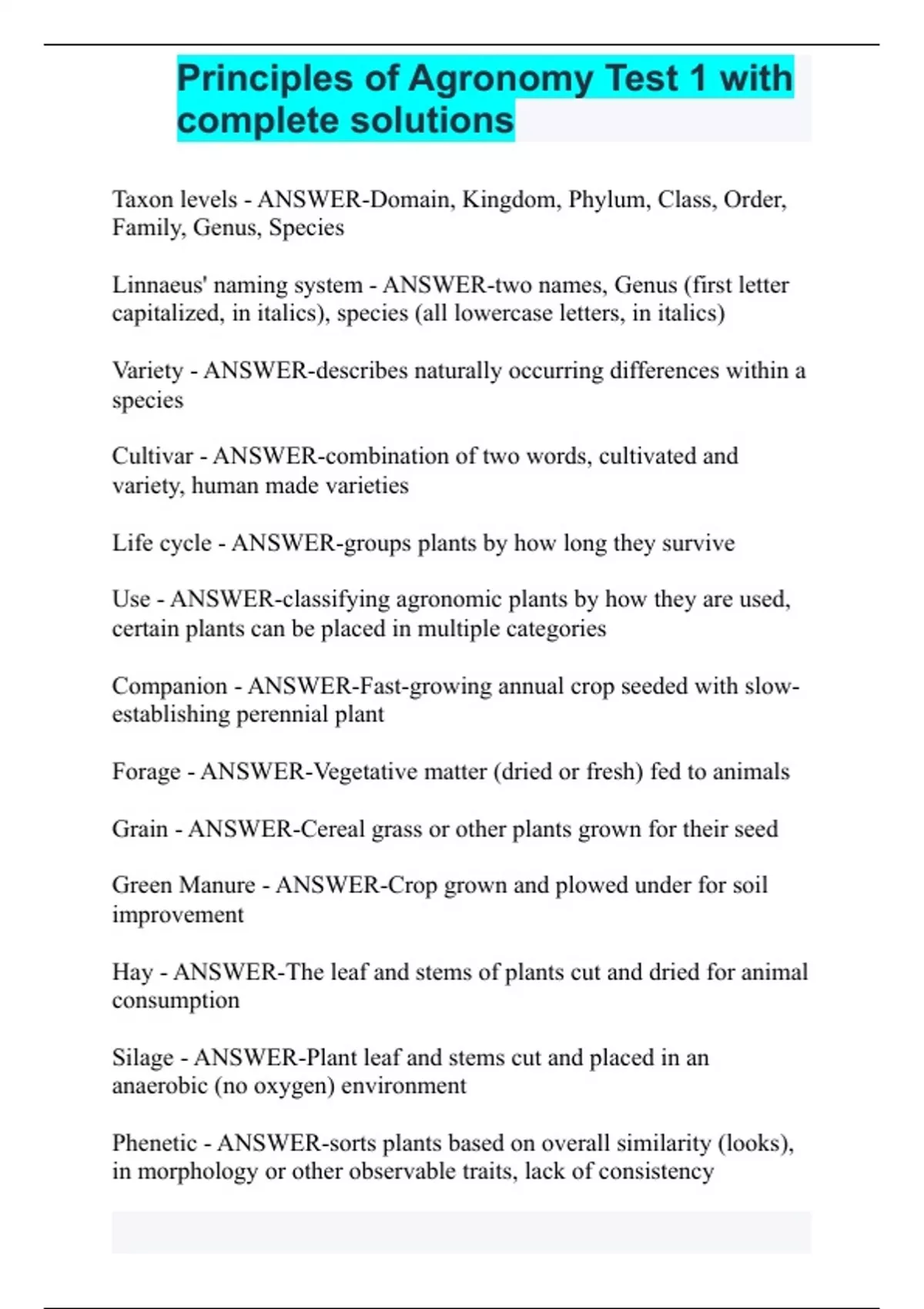 Principles of Agronomy Test 1 with complete solutions. - Agronomy ...