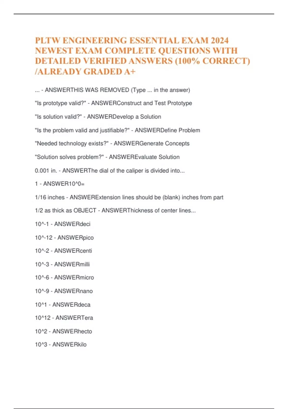PLTW ENGINEERING ESSENTIAL EXAM 2024 NEWEST EXAM COMPLETE QUESTIONS ...