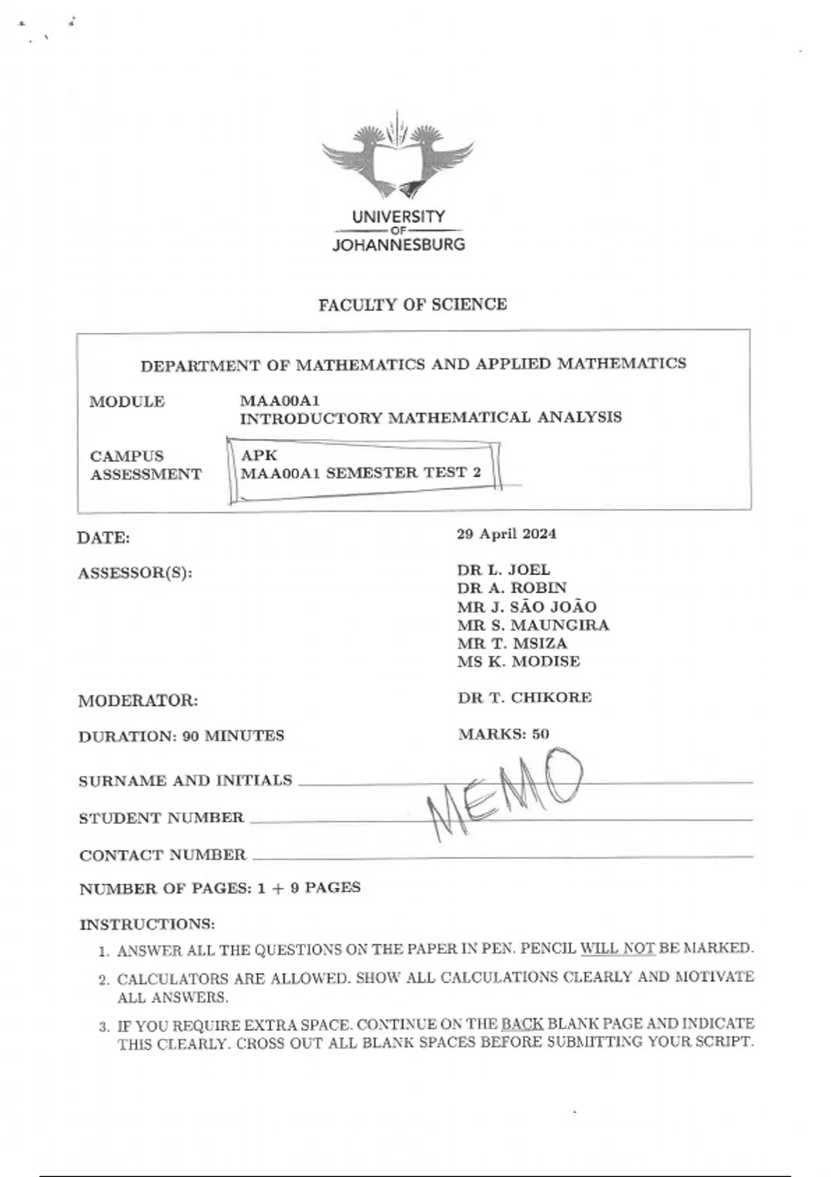 Introductory Mathematical Analysis Semester Test 2 WITH MEMO 2024 ...