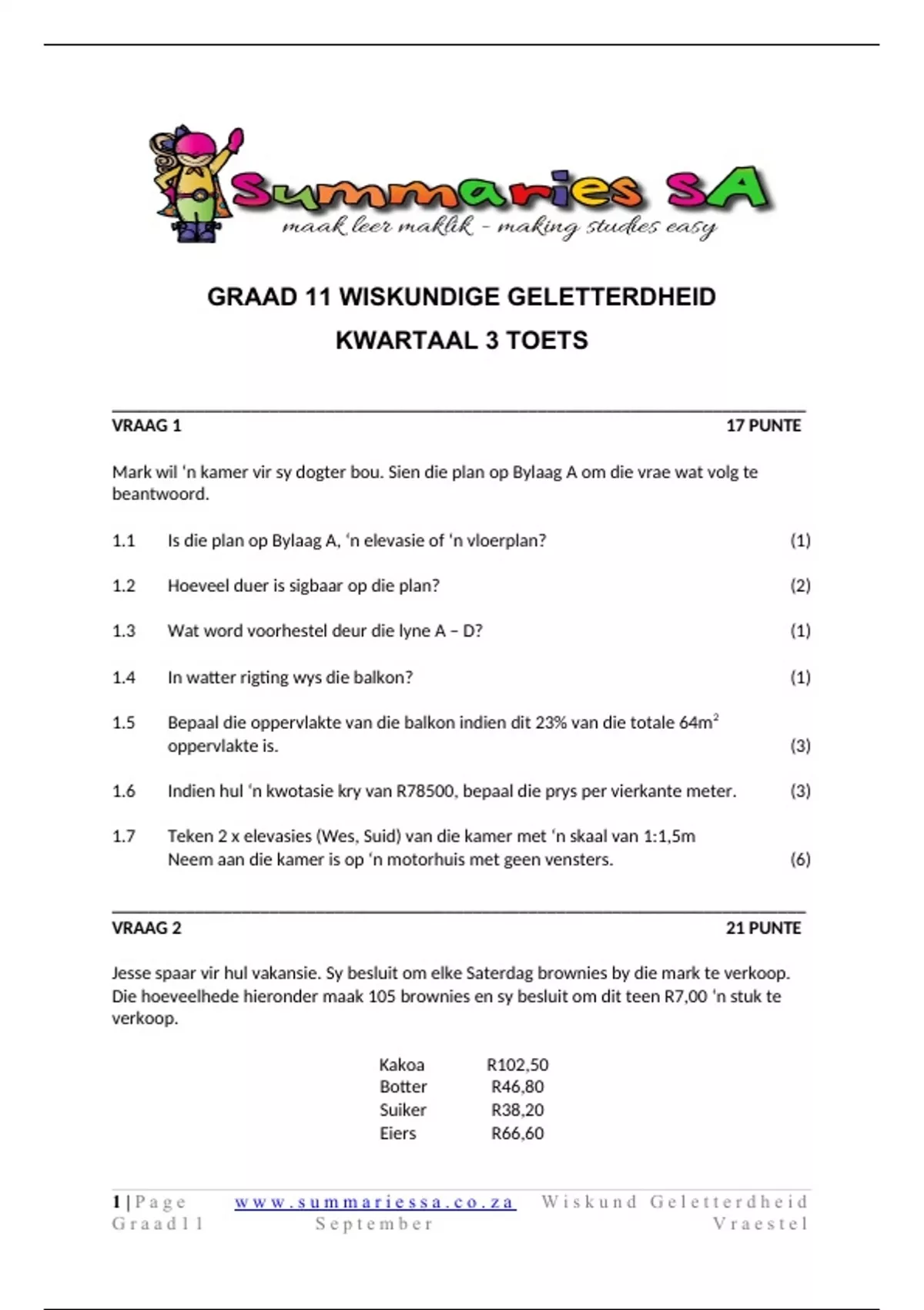 Graad 11 Wiskunde Geletterdheid (WISK GEL) September Vraestel en Memo ...