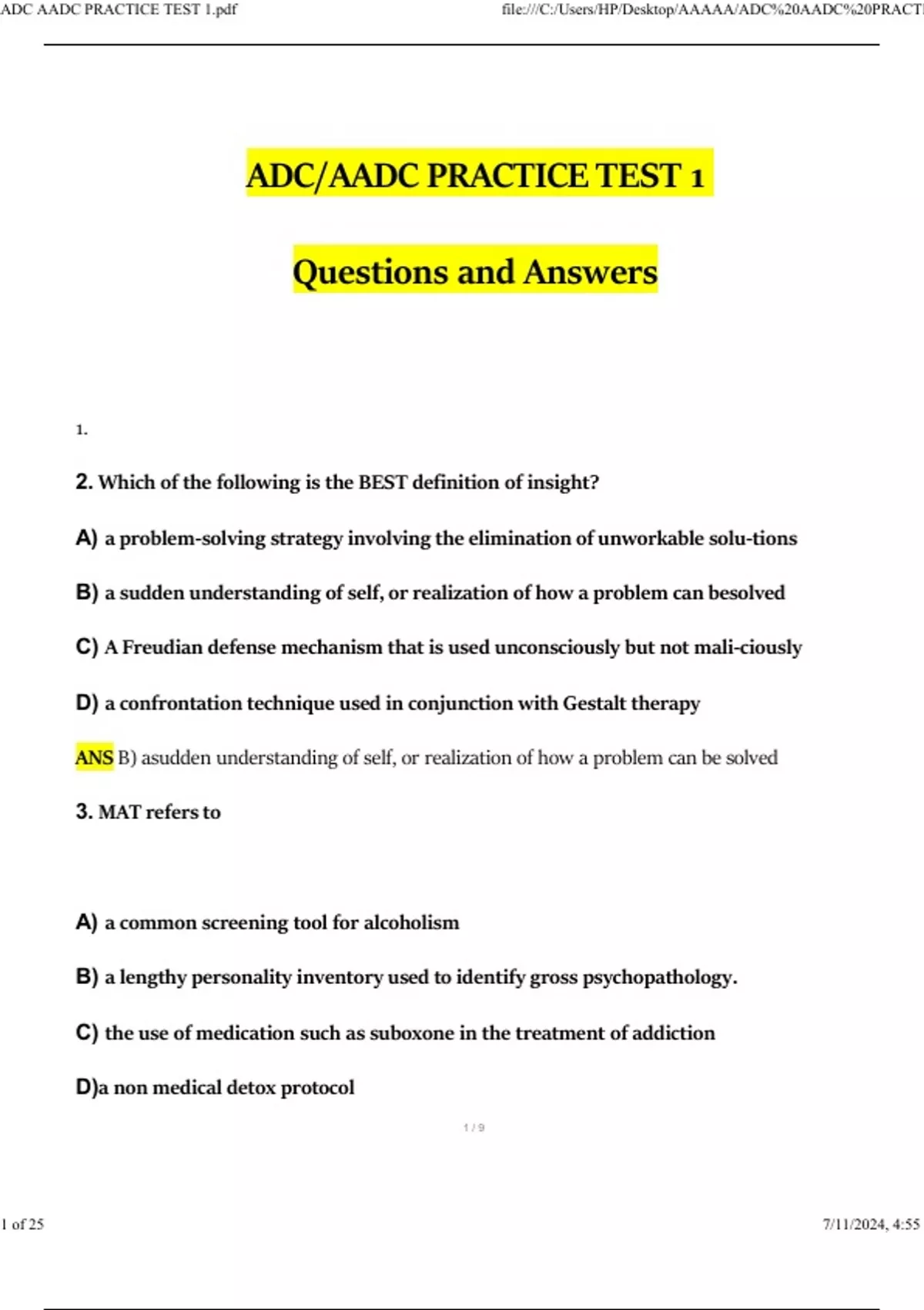ADC AADC PRACTICE TEST 1 Updated Questions and Answers (2025 / 2026 ...