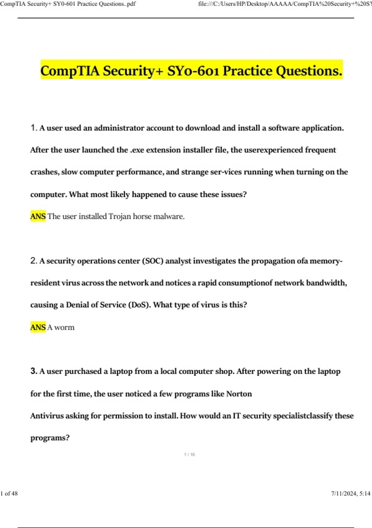 CompTIA Security+ SY0-601 Practice Updated Questions and Answers (2024/ ...