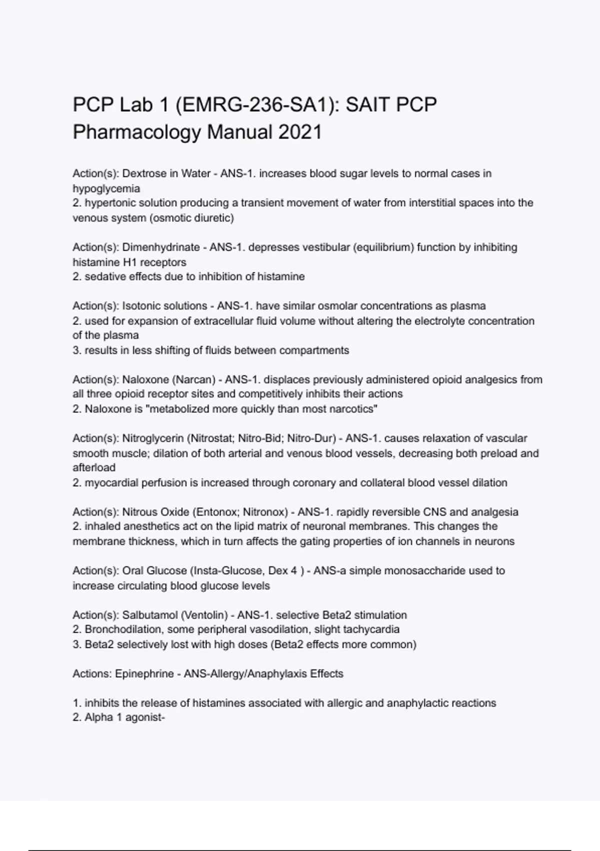 PCP Lab 1 (EMRG-236-SA1) SAIT PCP Pharmacology Manual 2021 Exam ...