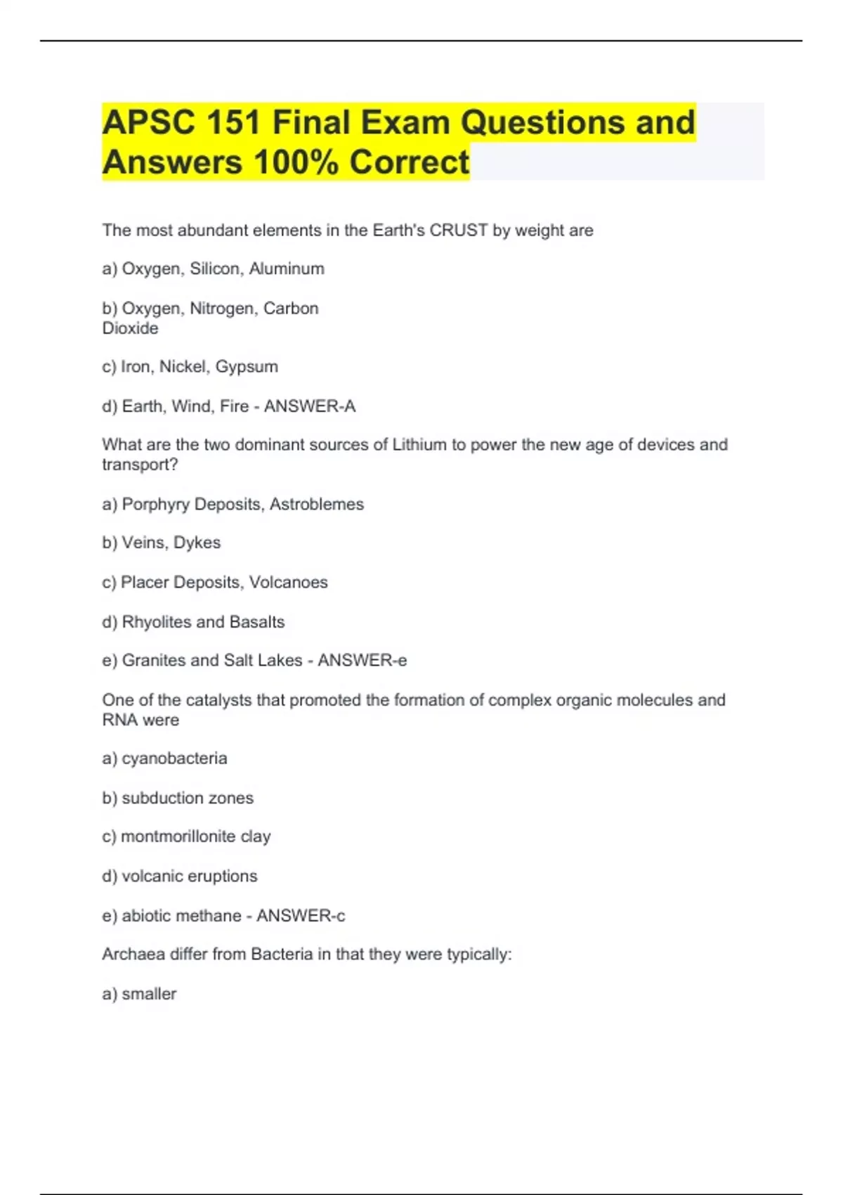 APSC 151 Final Exam Questions and Answers 100% Correct - APSC 151 ...