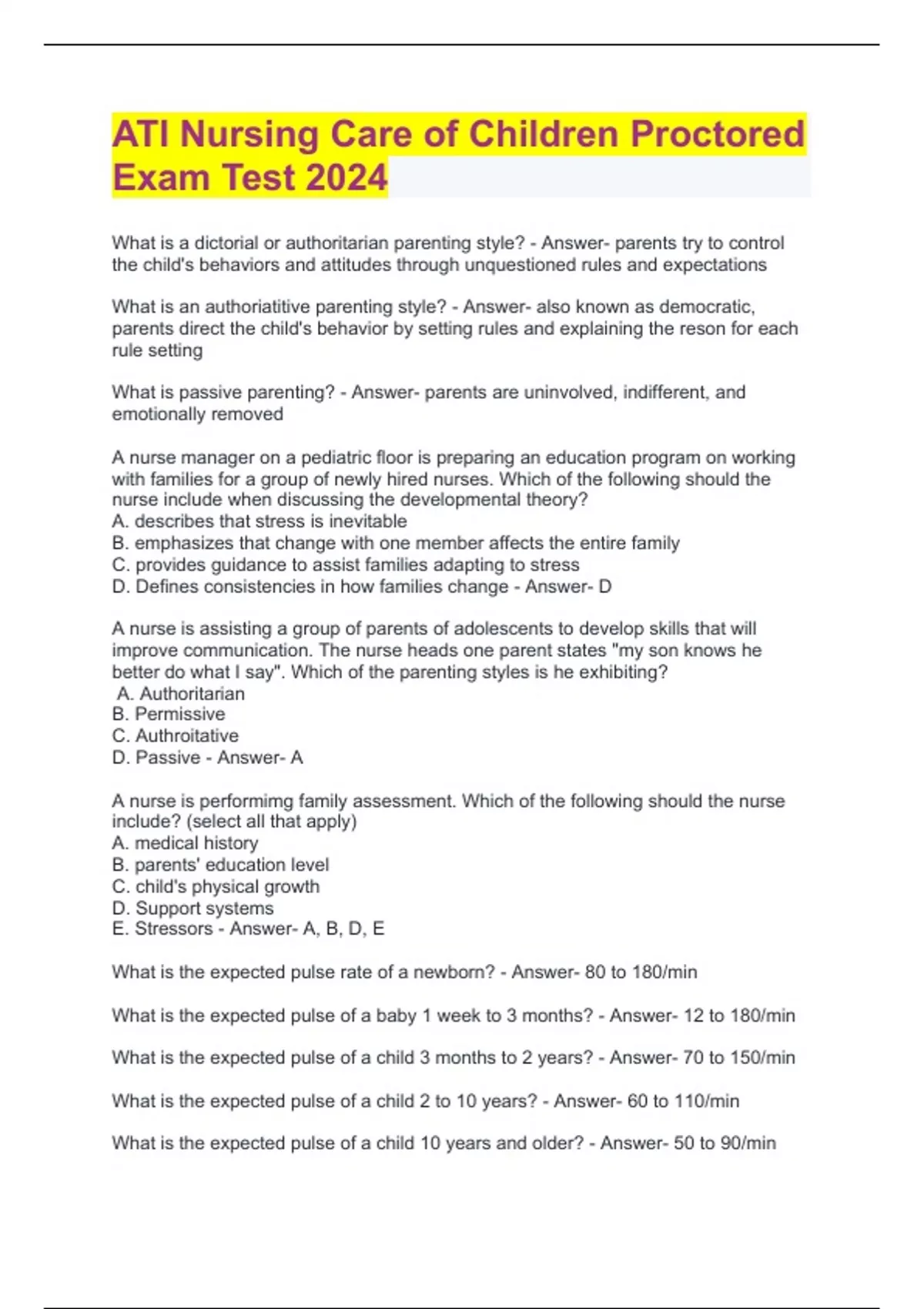 ATI Nursing Care of Children Proctored Exam Test 2024 Questions and ...